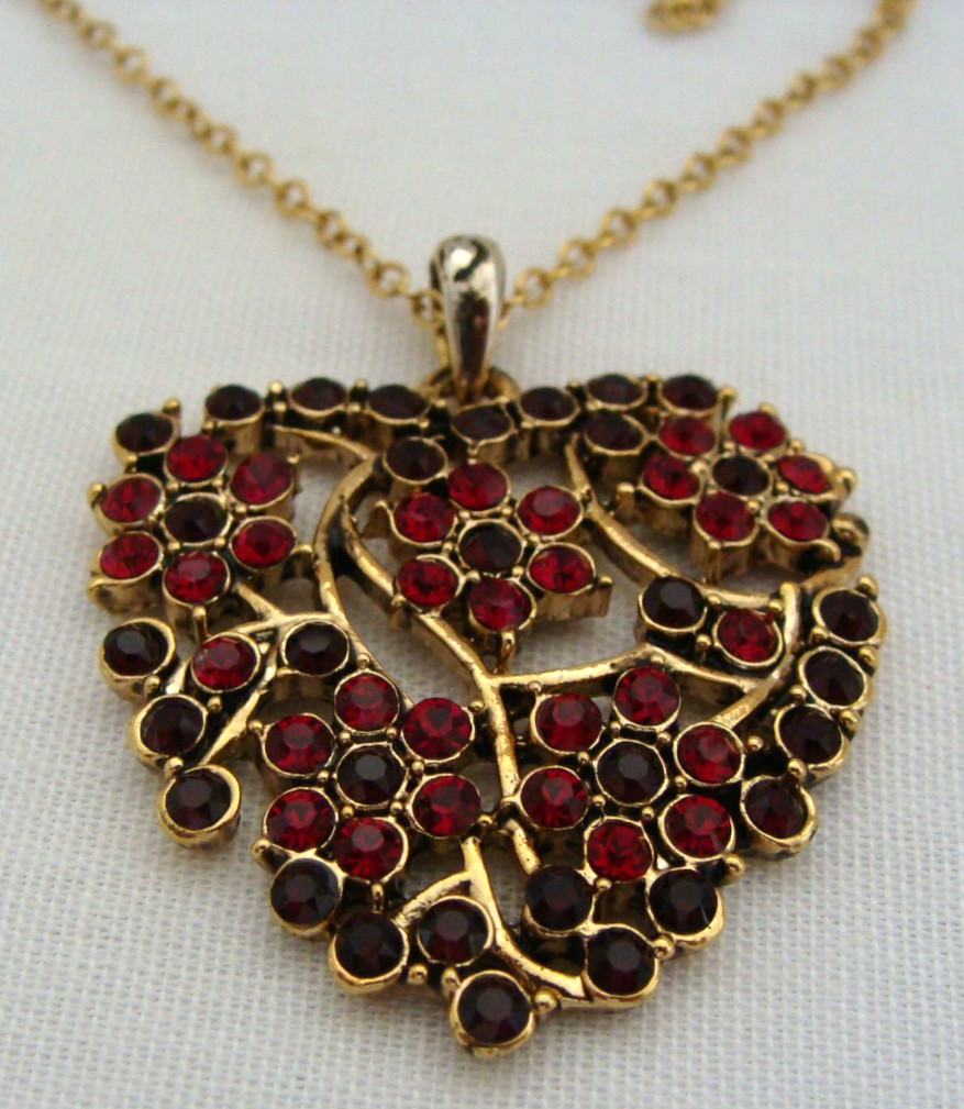 Gold-Tone Victorian Trading Co. Necklace With Red & Black Stone Heart Pendant