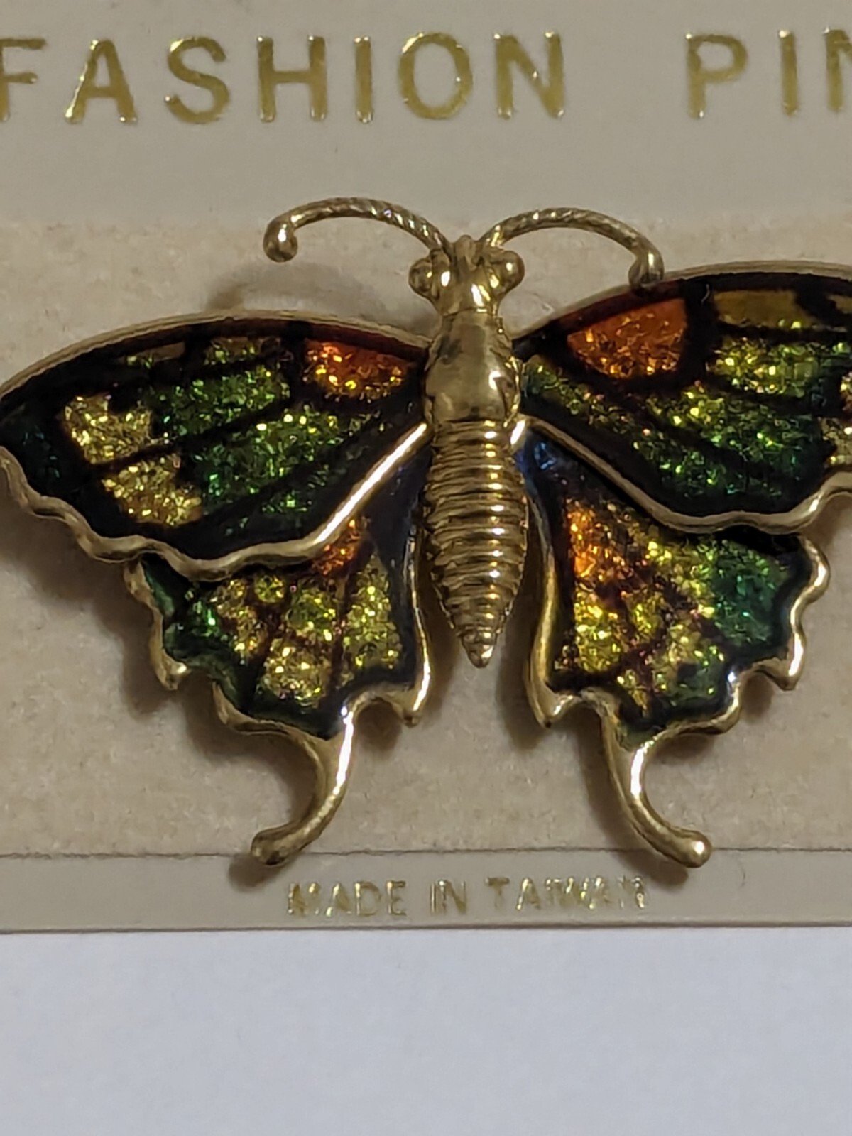 Gold Tone Multi Colored Butterfly Brooch. New. Gold, Brown & Green With Glitter