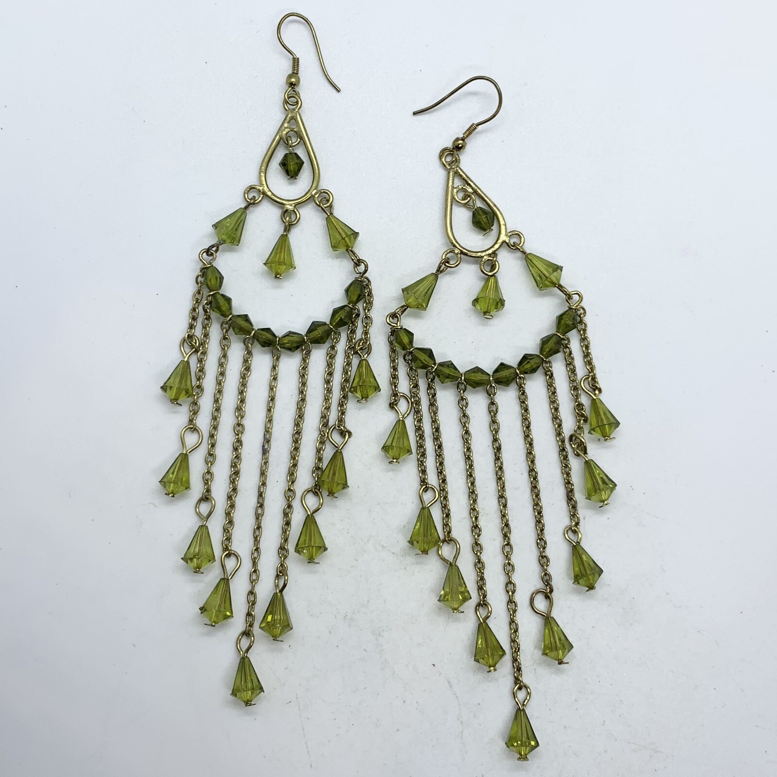 VTG OLIVE GREEN CRYSTAL ACRYLIC 5” DROP GOLD CHAIN NOUVEAU DANGLE EARRINGS HOOK