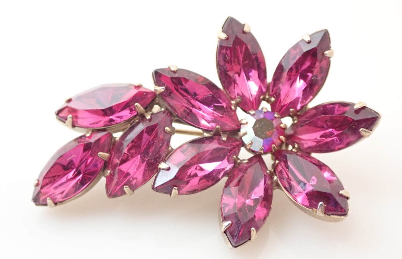 Vintage Pink Rhinestone Blooming Flower Cluster Prong Set Brooch Pin