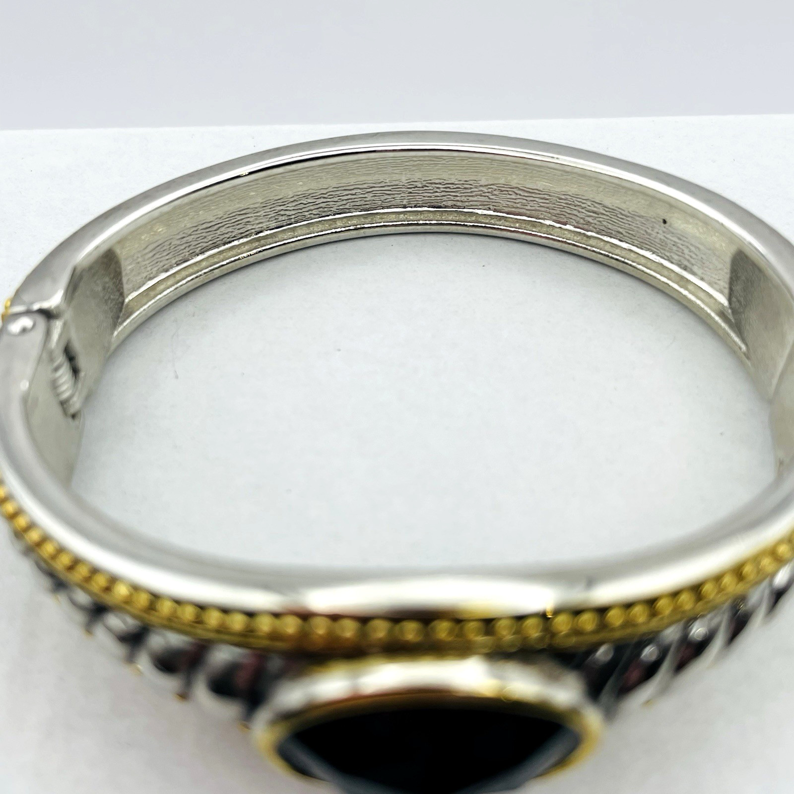 Vintage Silver and Gold Tone Hinged Bangle Bracelet Black Faceted Acrylic Stone