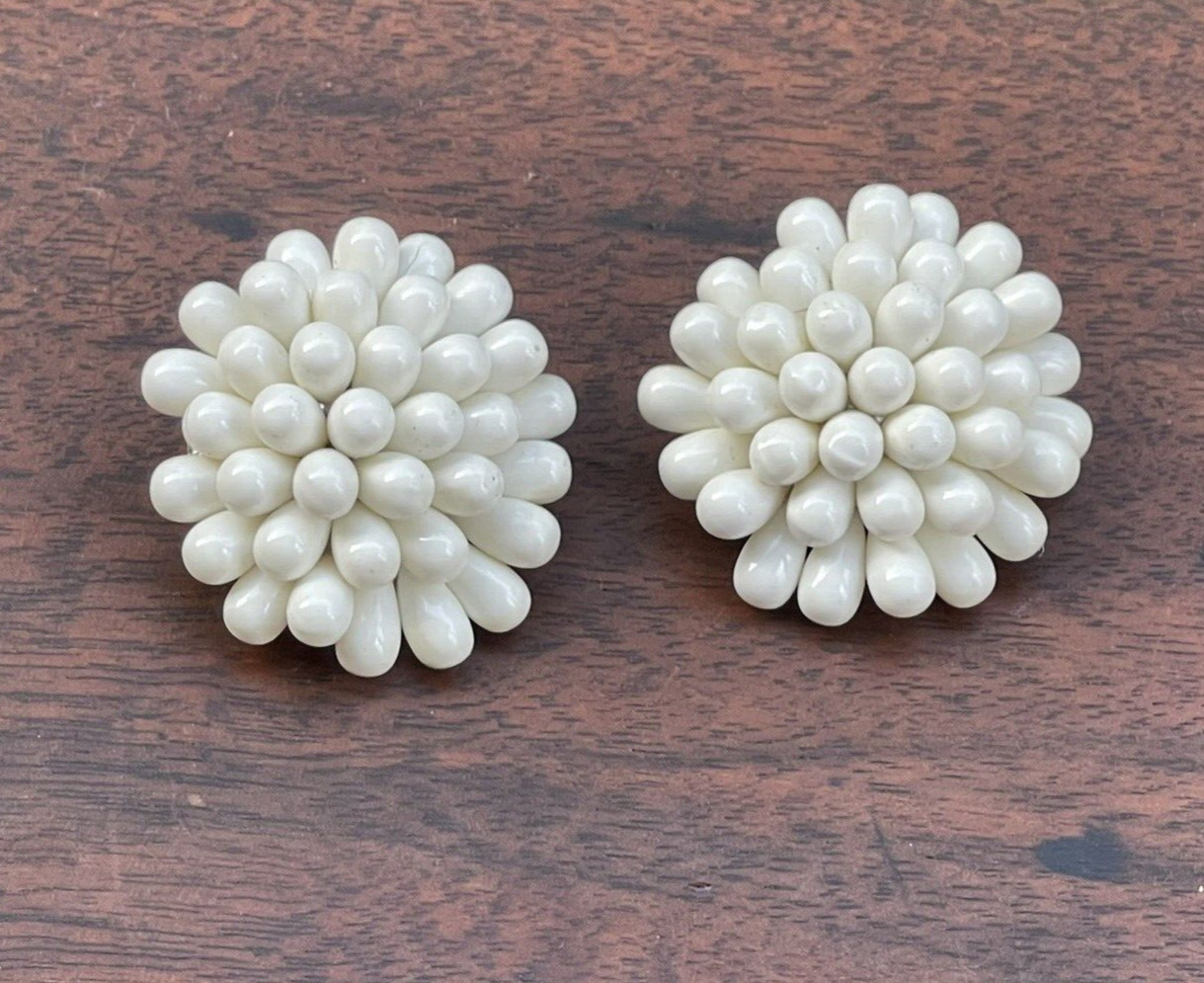 Vintage Painted Seed Bead Clip On Earrings 1950s