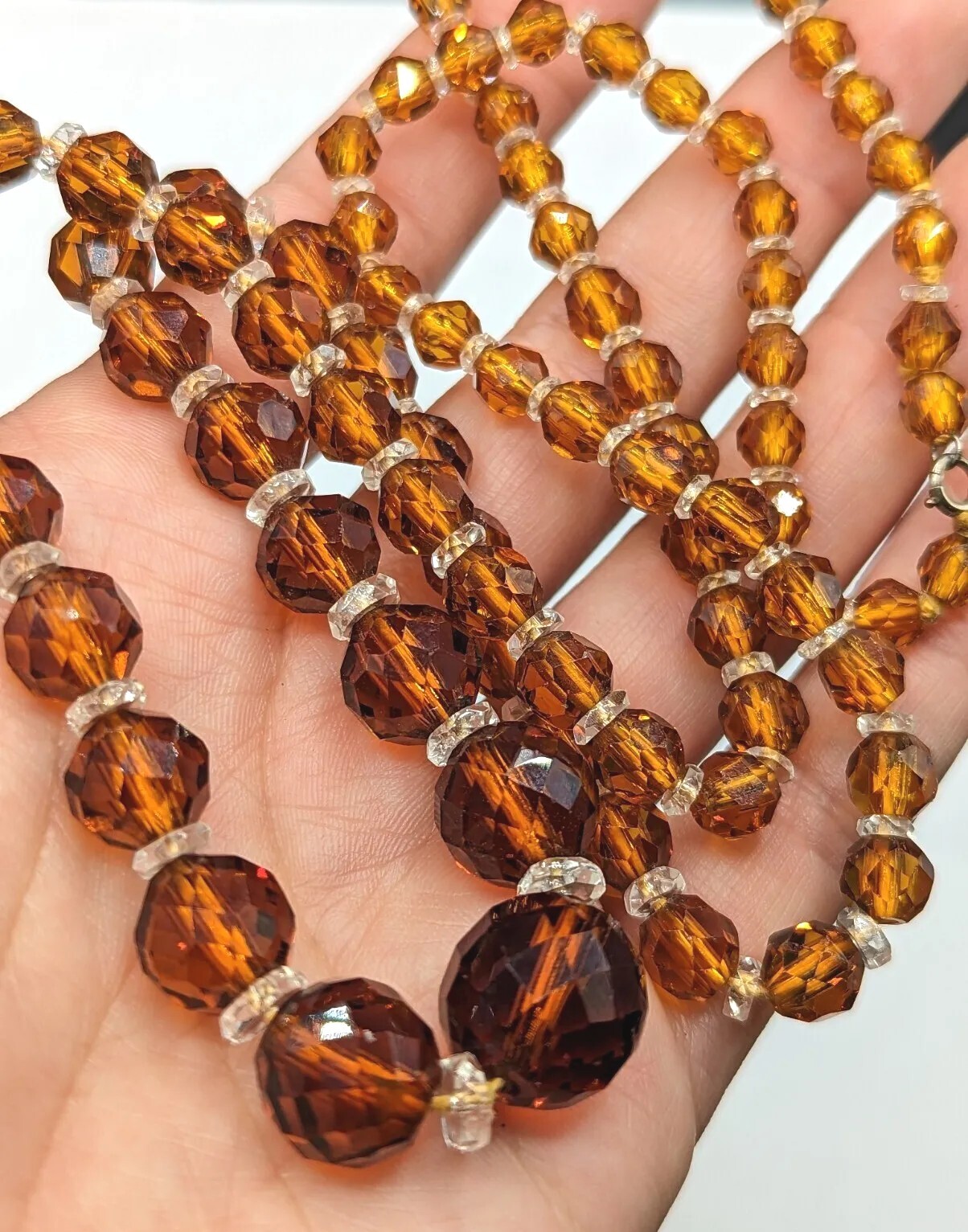 Faceted Amber Topaz Colored Glass Clear Crystal Graduated Bead Necklace 28″