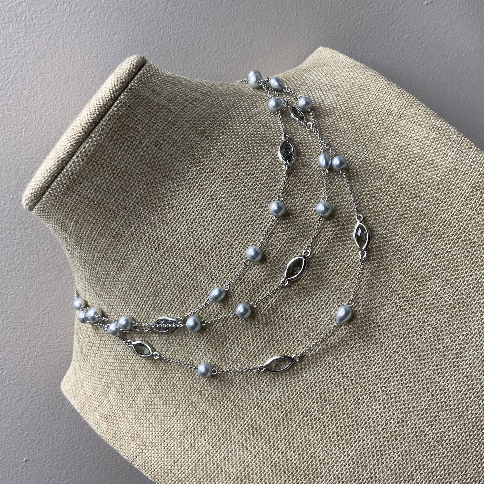 Modern signed MONET gray pearl and bezel rhinestone multi-strand necklace