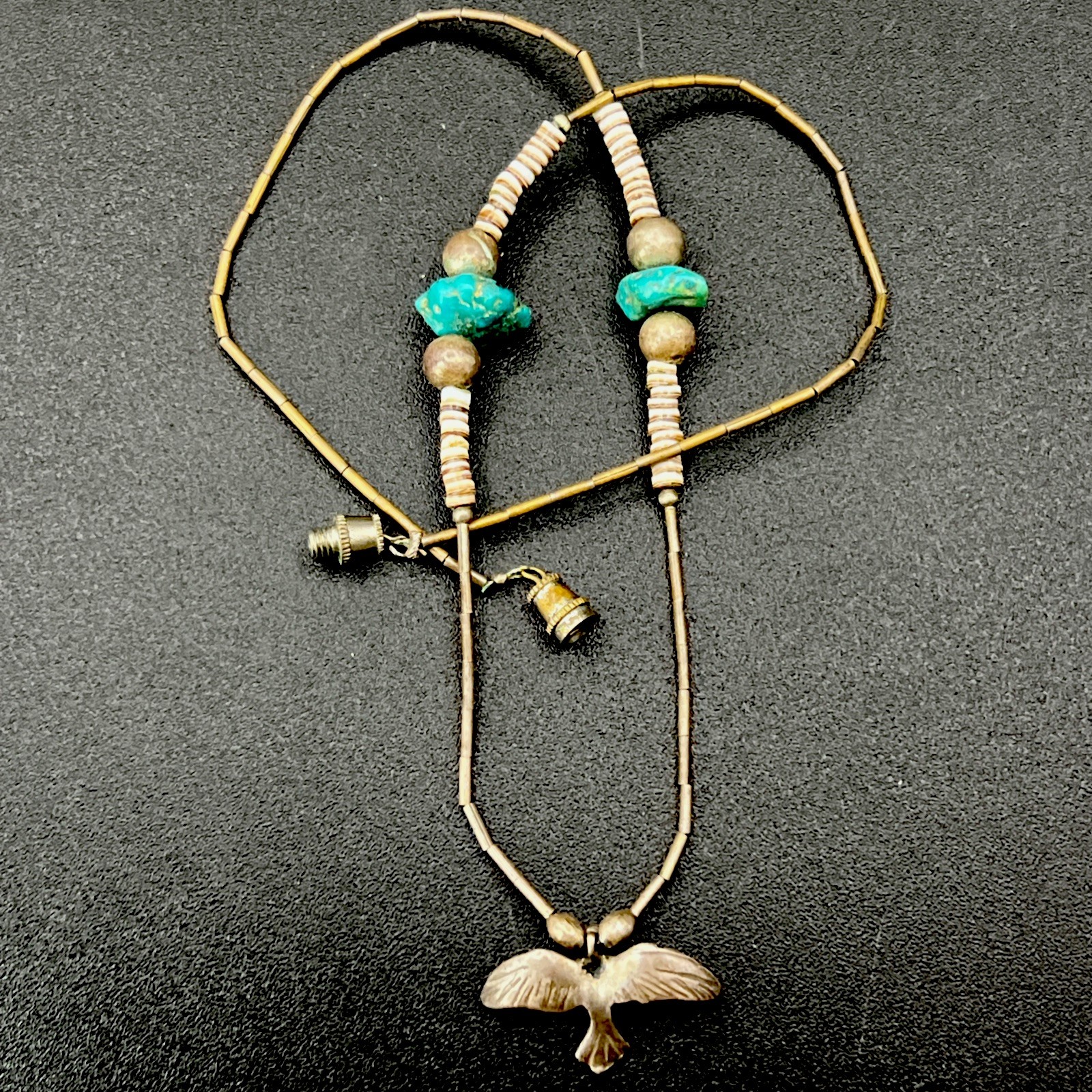 Nativa American VTG Turquoise Heishi Pendant Necklace Peyote Water Bird 17” 9.7g