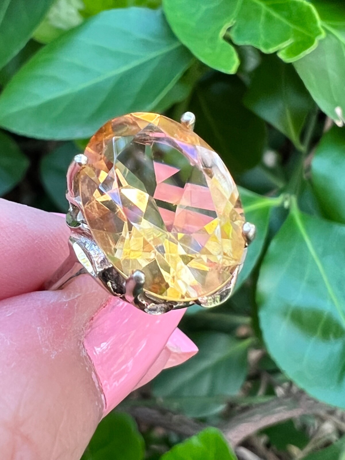 VINTAGE LARGE OVAL HONEY GOLDEN CITRINE STATEMENT RING GILDED 925 STERLING SLVER