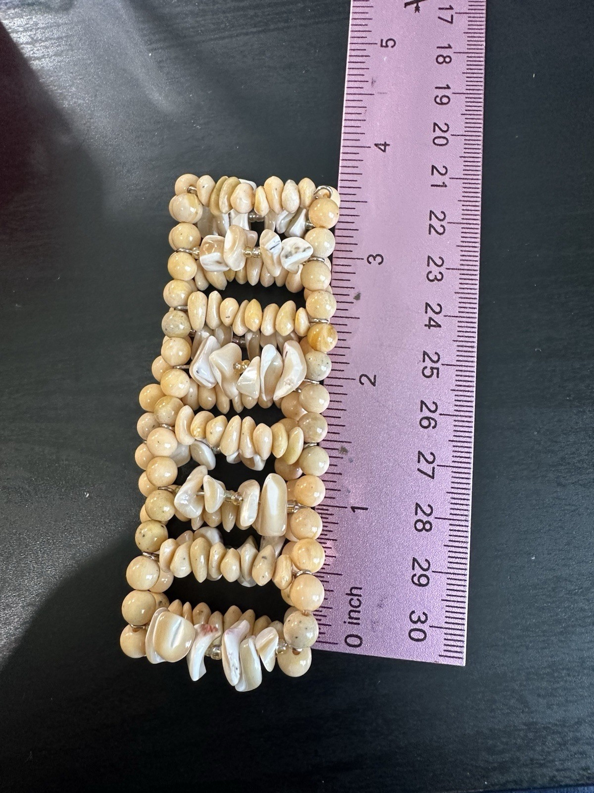 Vintage Tan Stone And White Beaded Layered Stretch Bracelet
