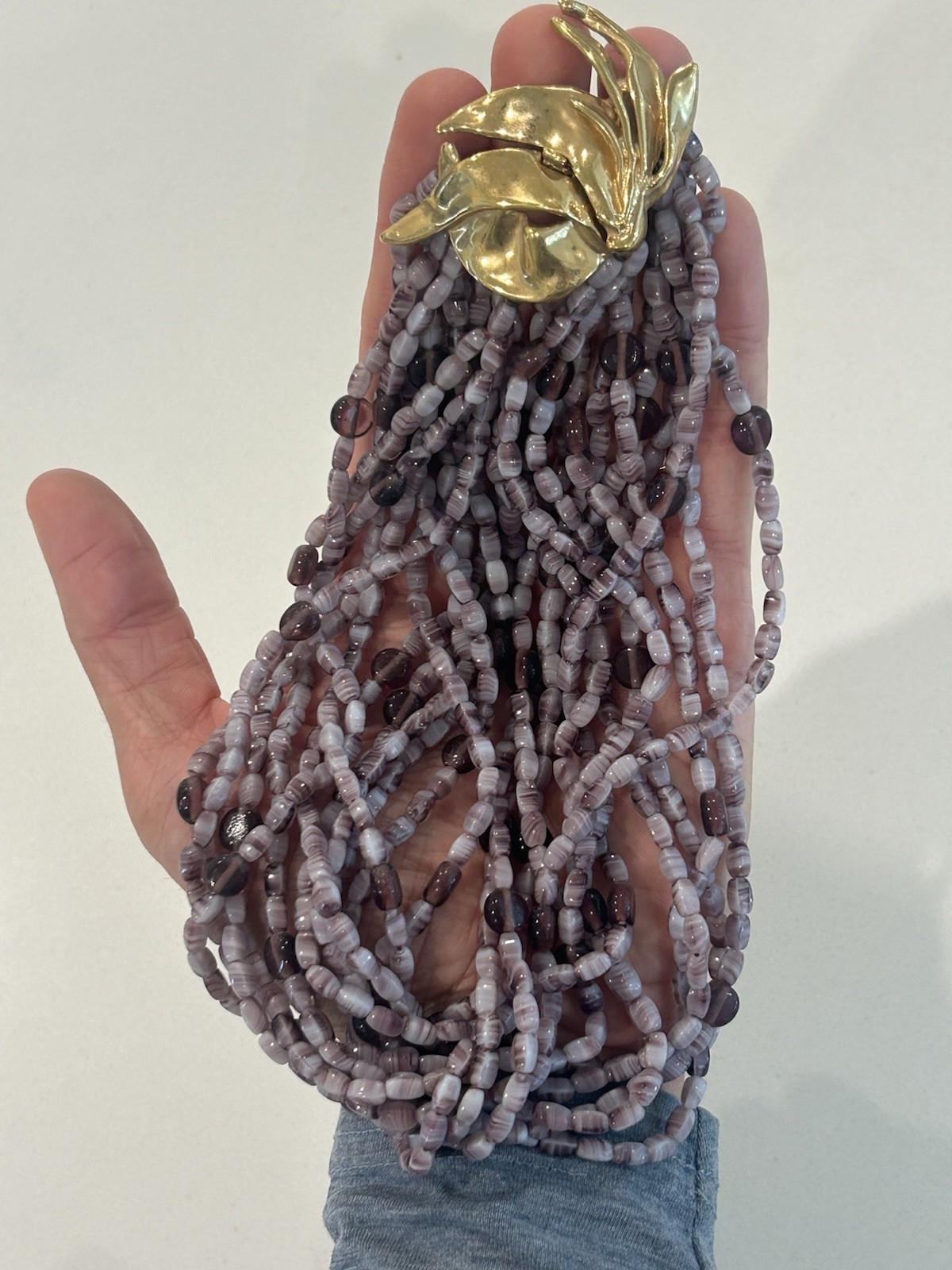 Vintage Ciner Torsade Necklace Amethyst Purple Glass Bead Sculptural Gold Clasp