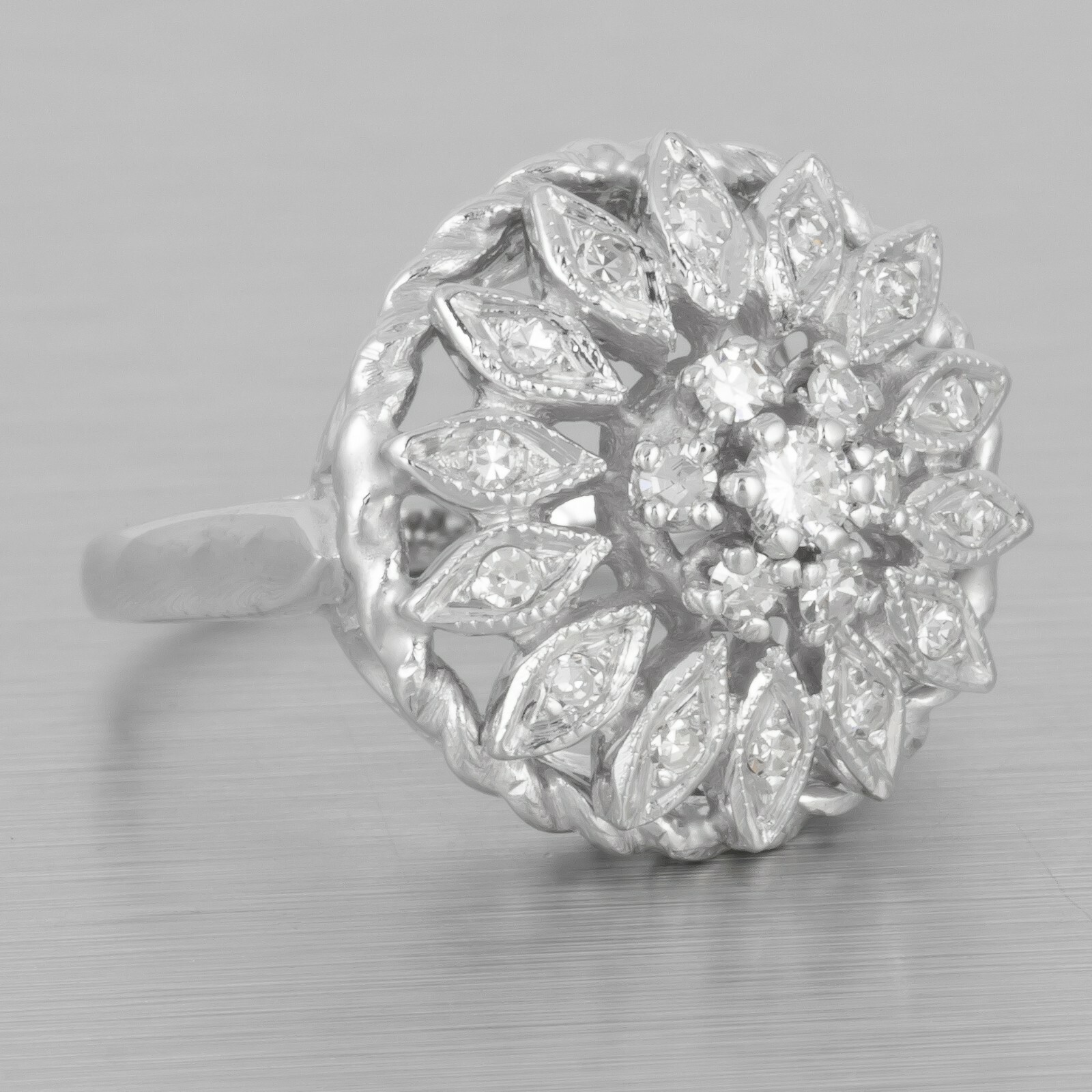Antique Art Deco 14k White Gold Diamond Floral Double Halo Milgrain Ring 0.35ctw