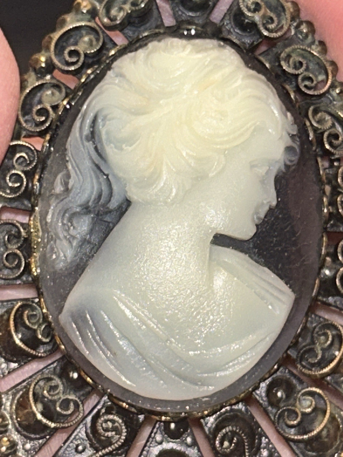 Vintage Cameo Brooch Black & White Lady Filigree Frame 2.75” Statement 1960 Gold