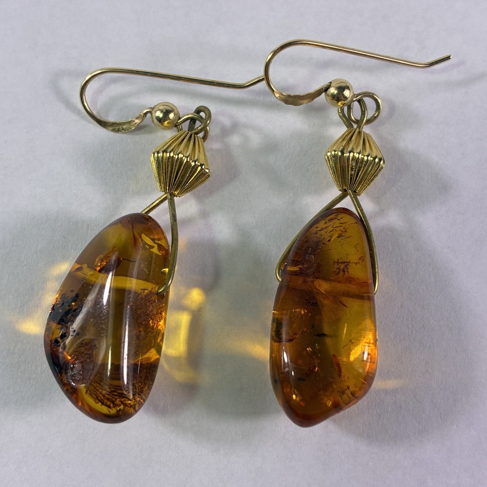 14K Gold Genuine Baltic Honey Amber Yellow Dangle Drop Earrings Art Deco