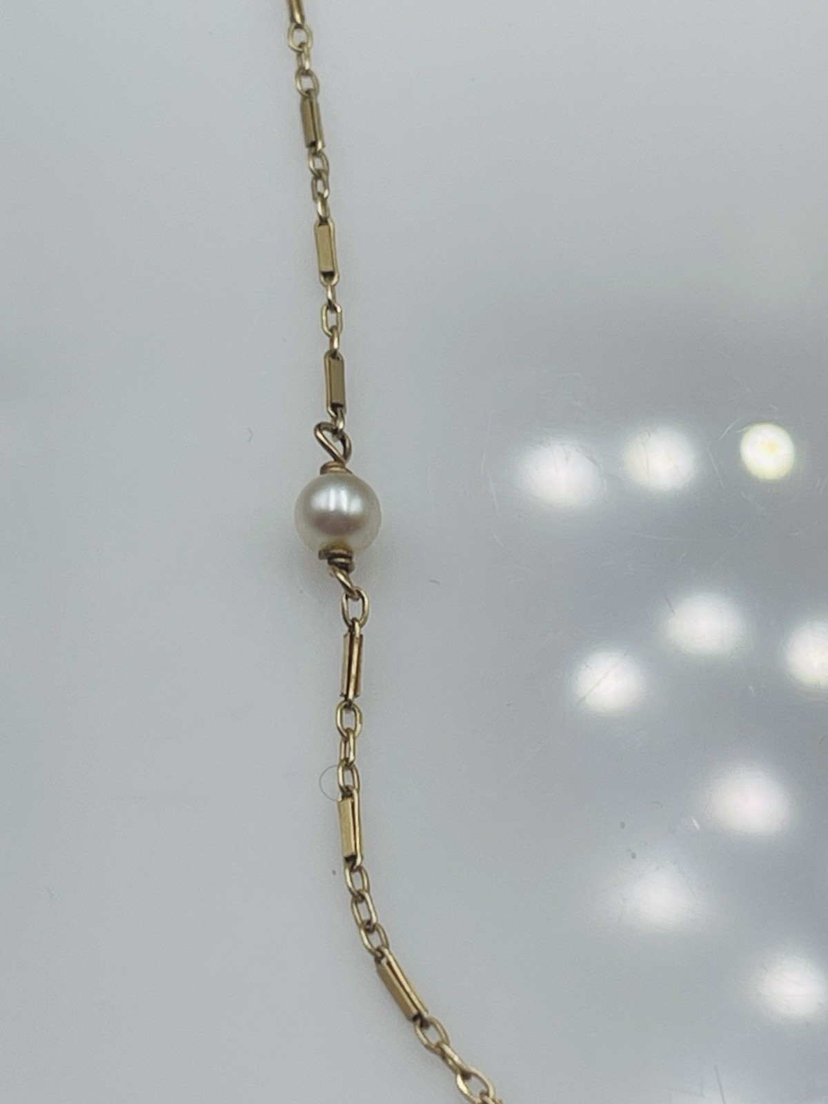 Antique 14k Yellow Gold Pearl Station Bar Link Chain Necklace