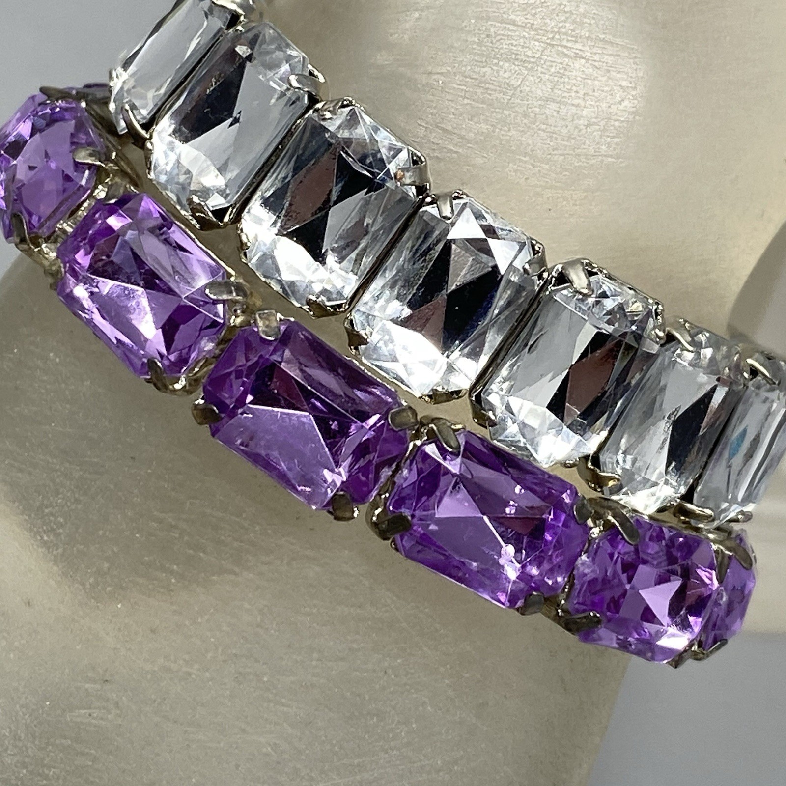 Rhinestone Stretch Bracelet Lot of 6 Blue Purple Clear Acrylic Silver Gold Tone