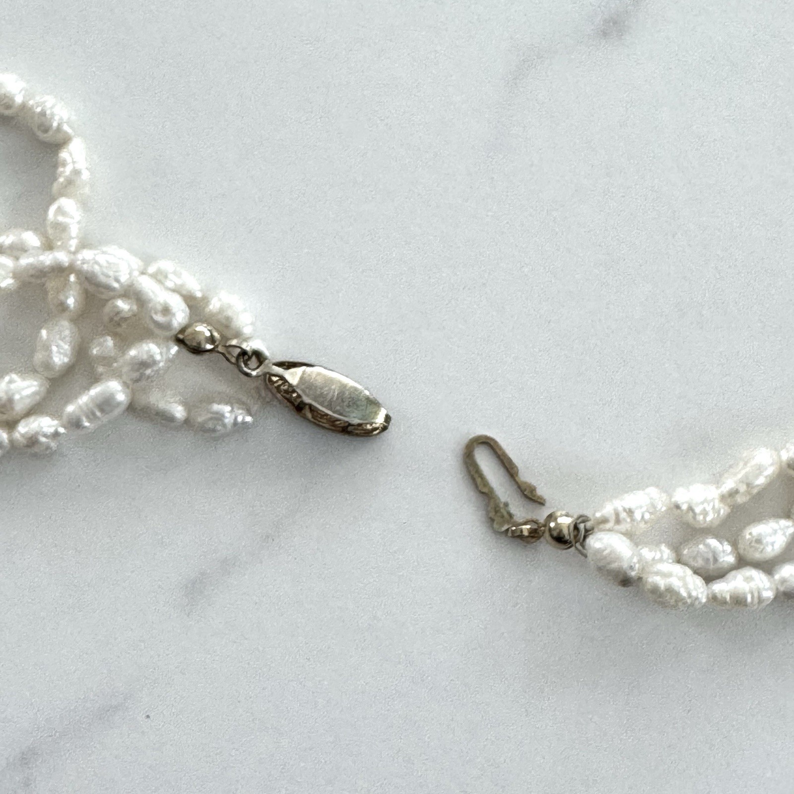 VTG 24.5” 3 Strand Freshwater Pearl Necklace Baroque Rice Pearls Ornate Clasp