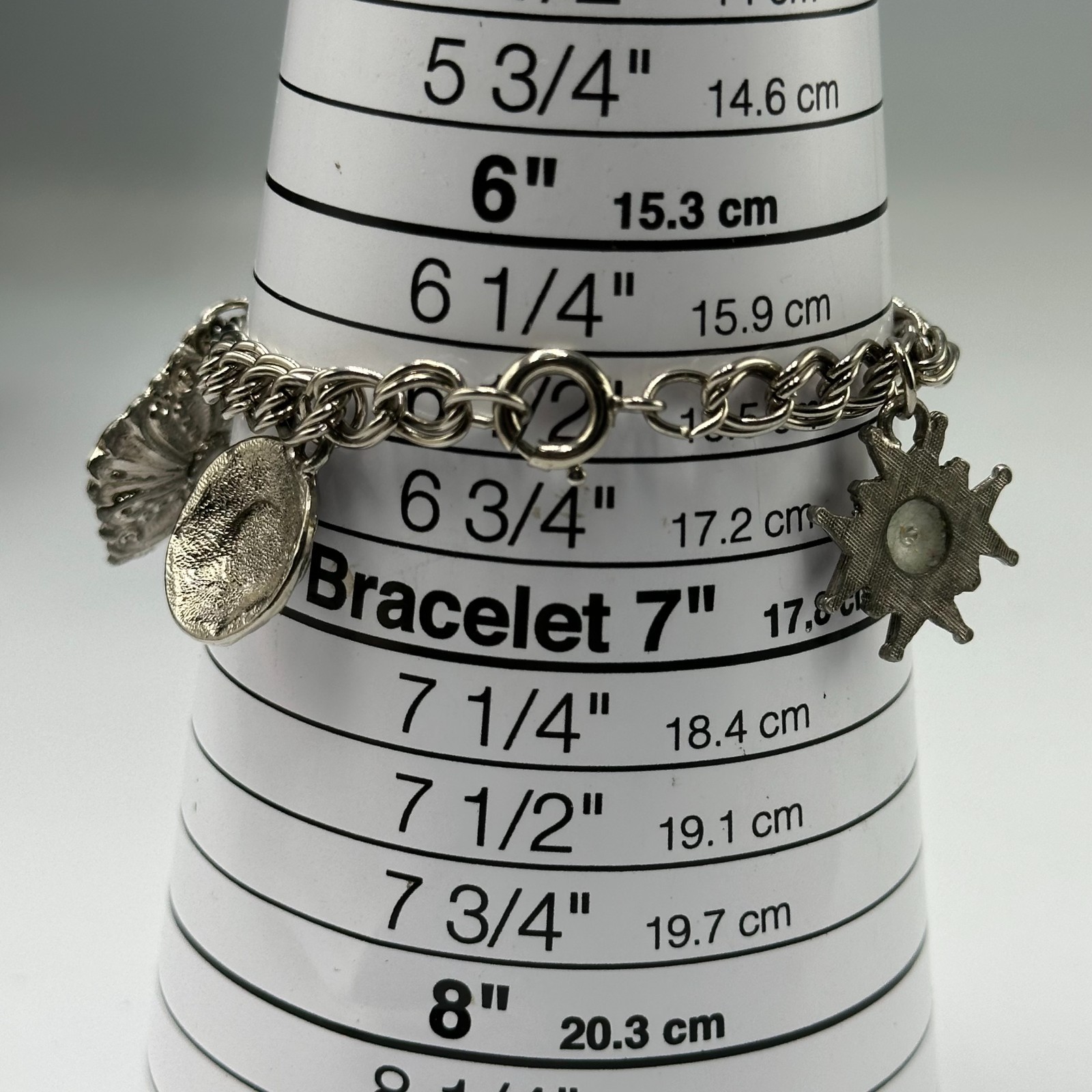 Vintage Charm Bracelet Silver Tone Filigree Embossed Faux Pearl Dangle Shields