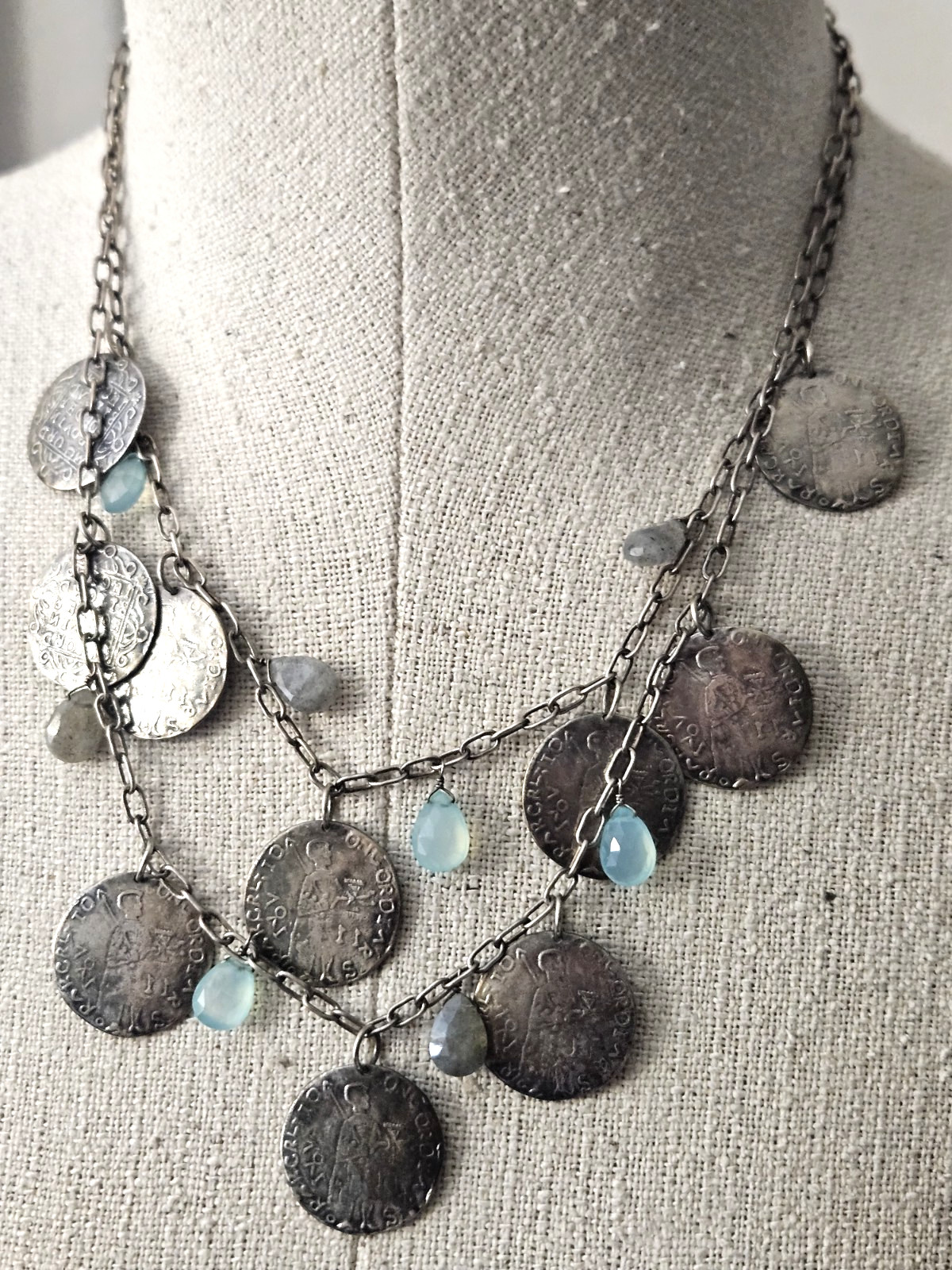Vintage Stella & Dot Riviera Chalcedony / Labradorite Multi Strand Coin Necklace