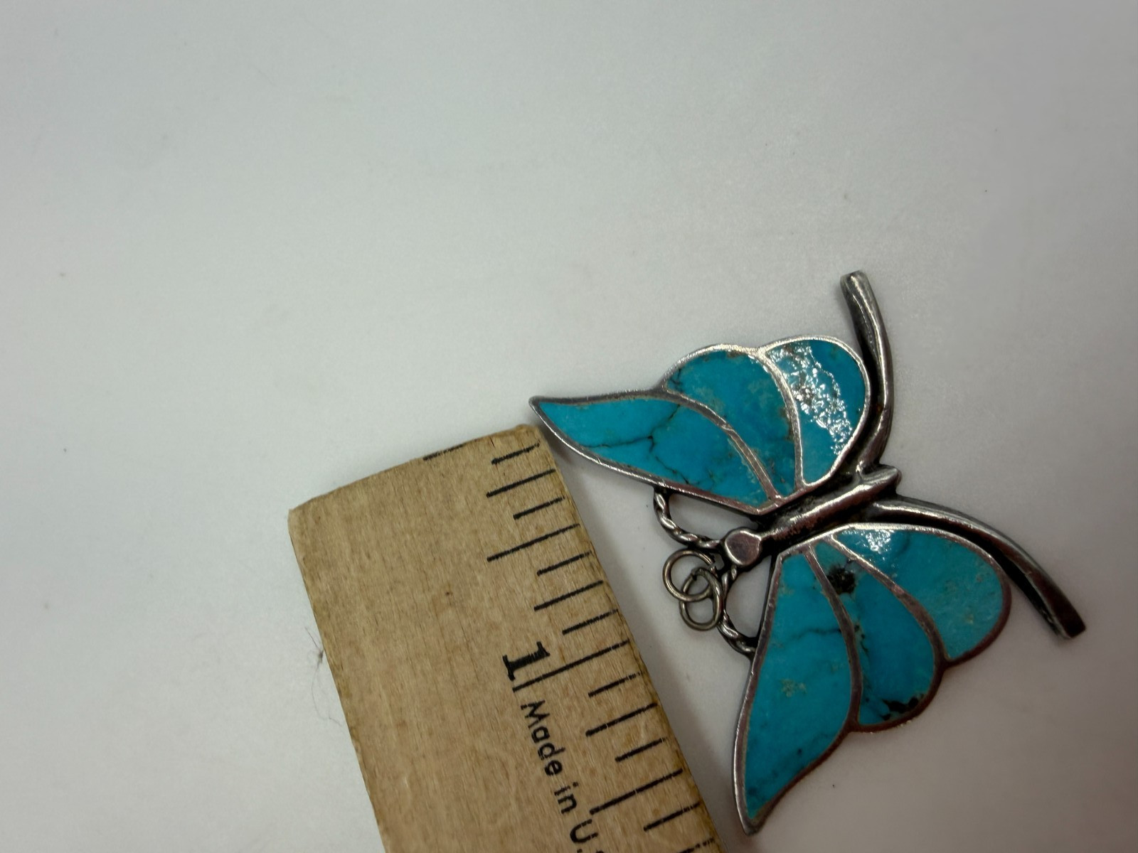 Vintage Butterfly Pendant Turquoise Inlay Sterling Silver 2 Inches 16 gram
