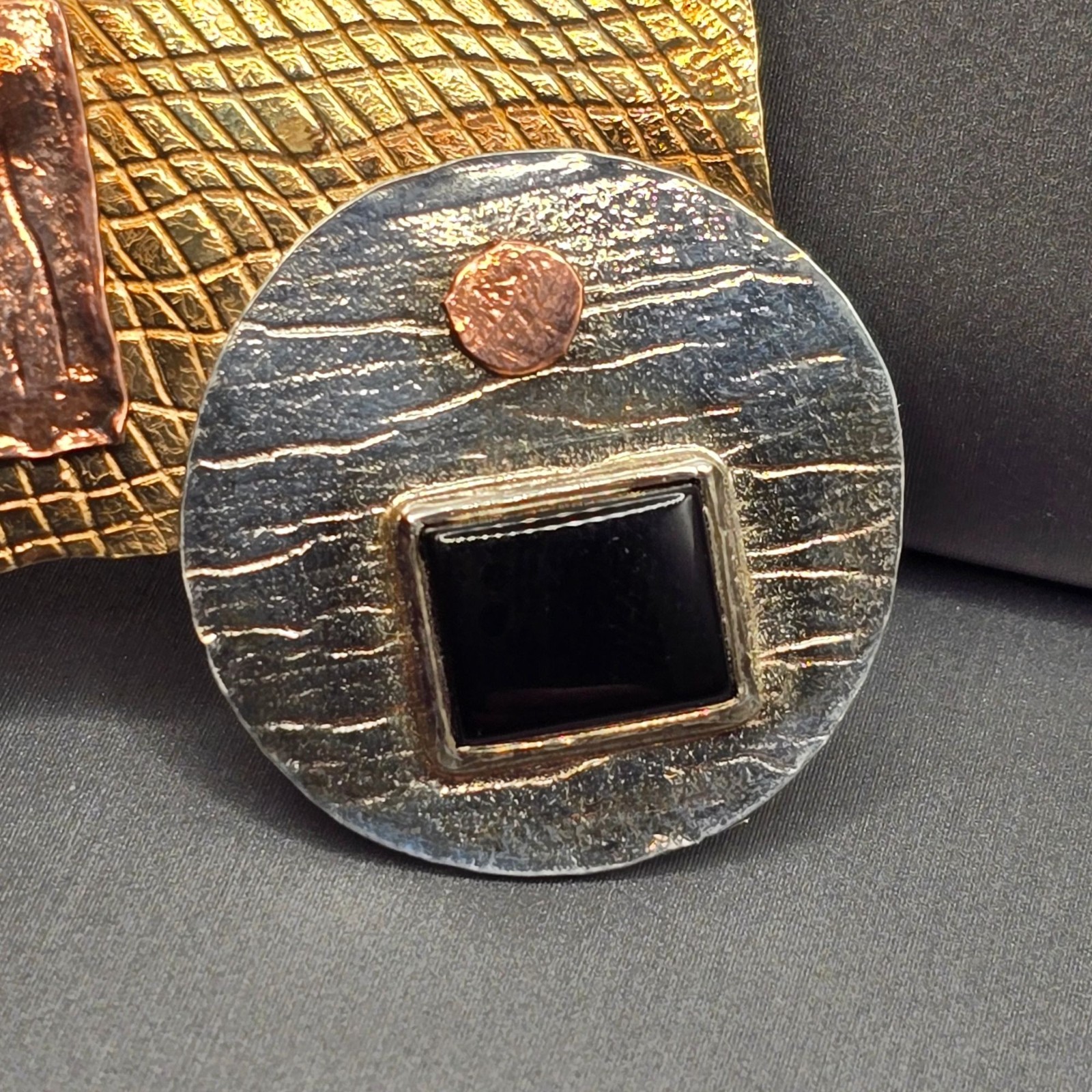 Vintage Kim Modernist Mixed Metals Brooch Copper Brass Silver Black Onyx Pin