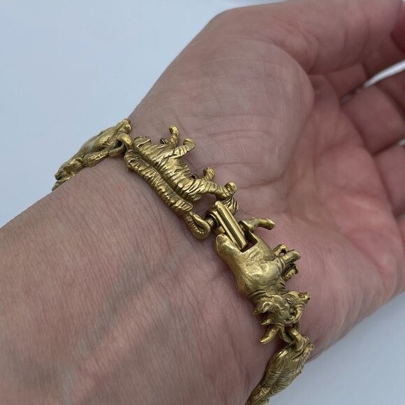 Vintage 80s Signed A.J.C. Noah’s Ark Animals Bible Antique Gold Tone Bracelet