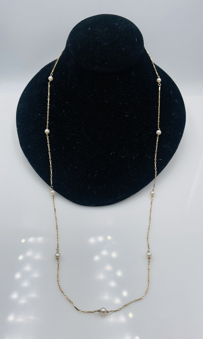 Antique 14k Yellow Gold Pearl Station Bar Link Chain Necklace