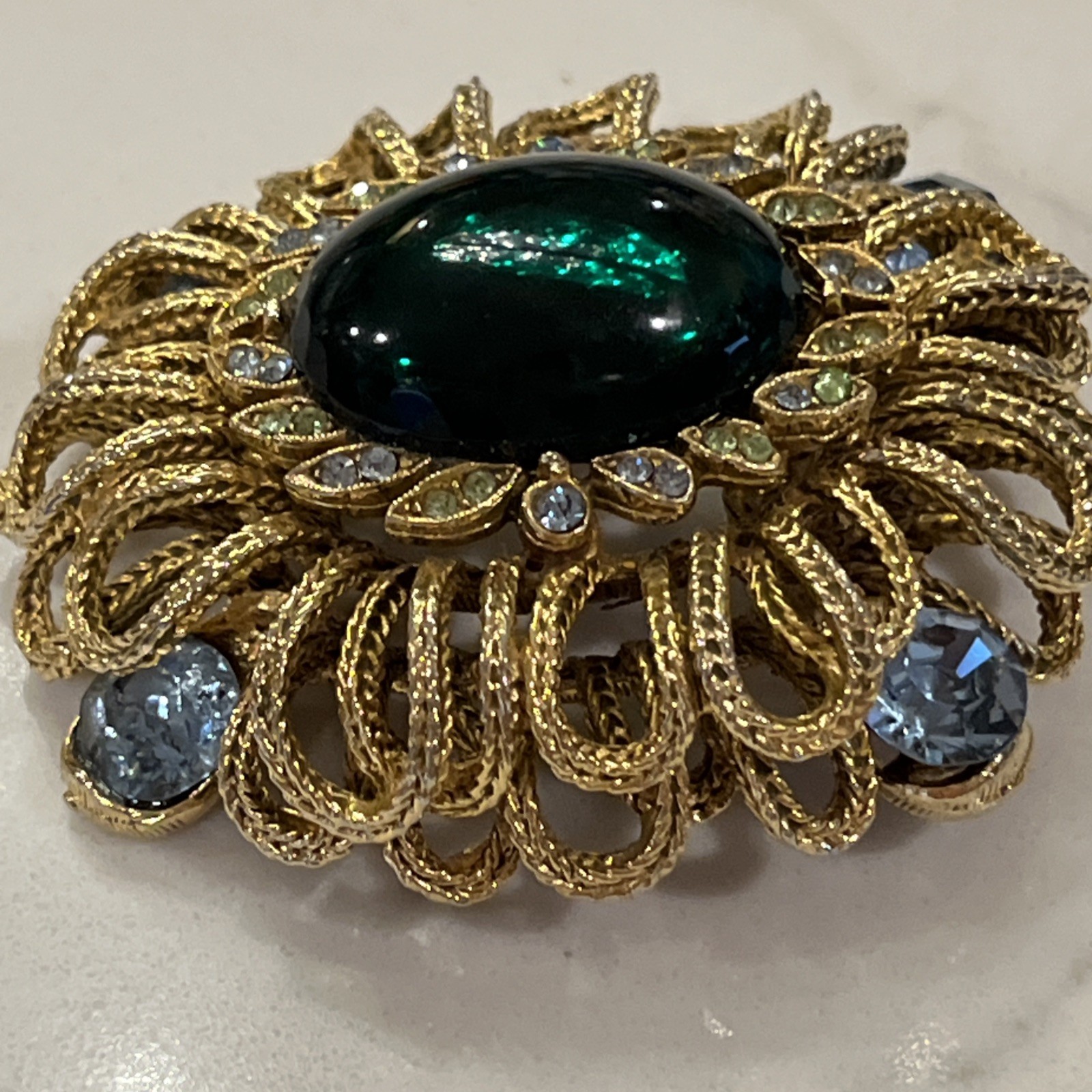 Vintage Capri Green Gripoix Glass Cabochon Blue Green Rhinestone Ornate Brooch