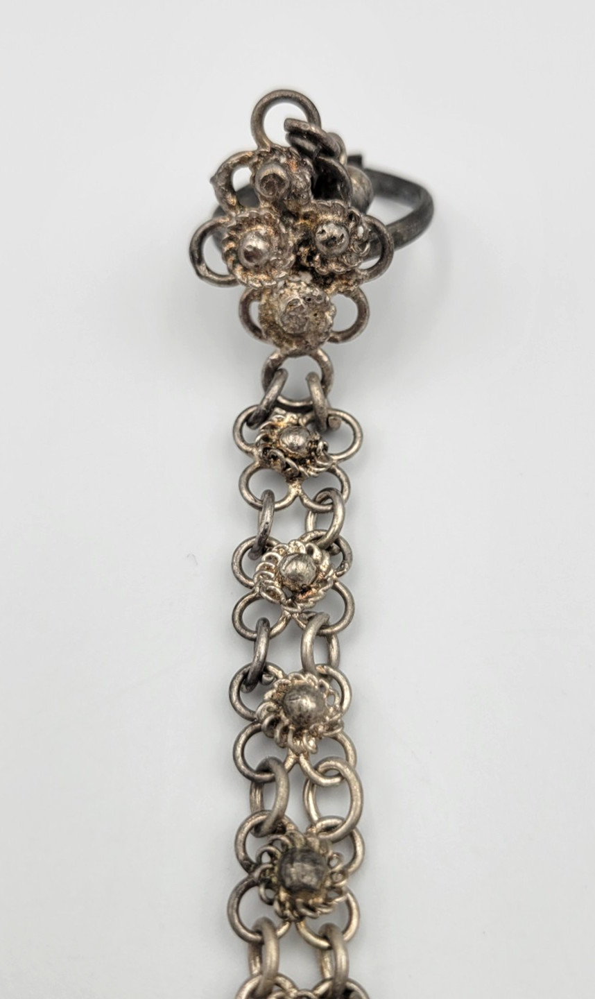 Vintage Turkish Bohemian Hand Harness Chain Bracelet Ring Combo Silver Tone