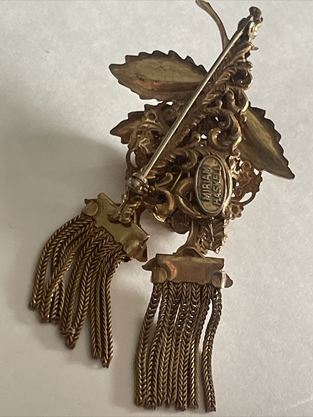 Vintage Signed Miriam Haskell Dangling Tassels GoldTone Brooch S04
