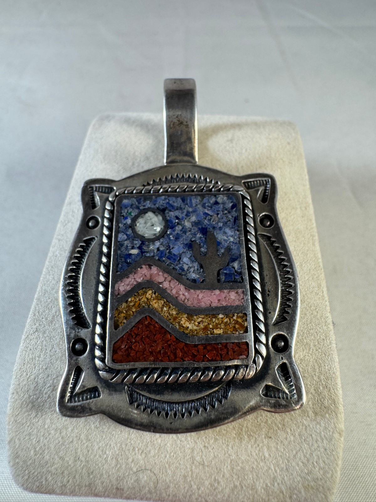 Vintage CJ Sterling Silver Inlay mosaic stone in landscape design pendant