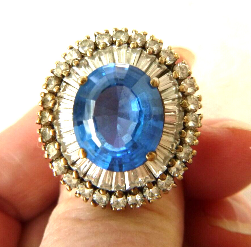 Signed db Vintage Blue Topaz Ring White CZ Baguettes 925 Sterling Silver Sz 6.75