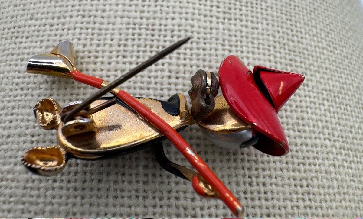 Vintage Halloween Witch Brooch Pin Red Hat Black Dress Broom Figurine