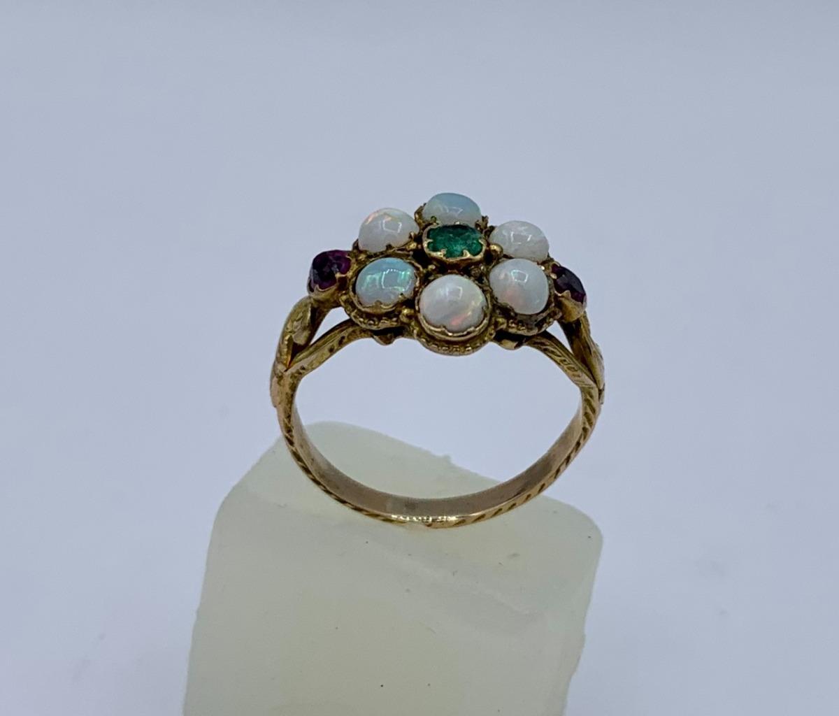 Victorian Opal Emerald Ruby Ring Antique Wedding Engagement Ring 14 Karat Gold
