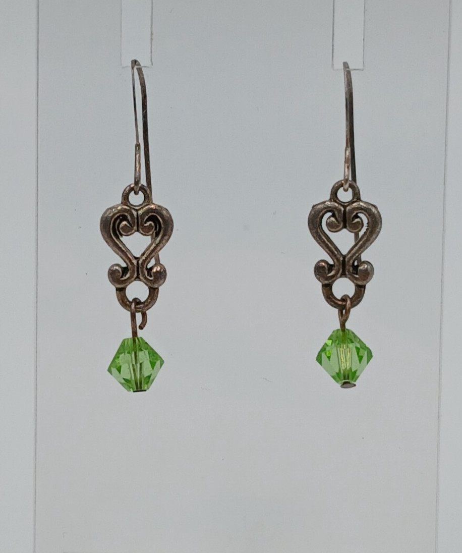 VTG 925 Green Bicone Crystal Earrings 1.25in Drop Sterling Silver Heart Scroll