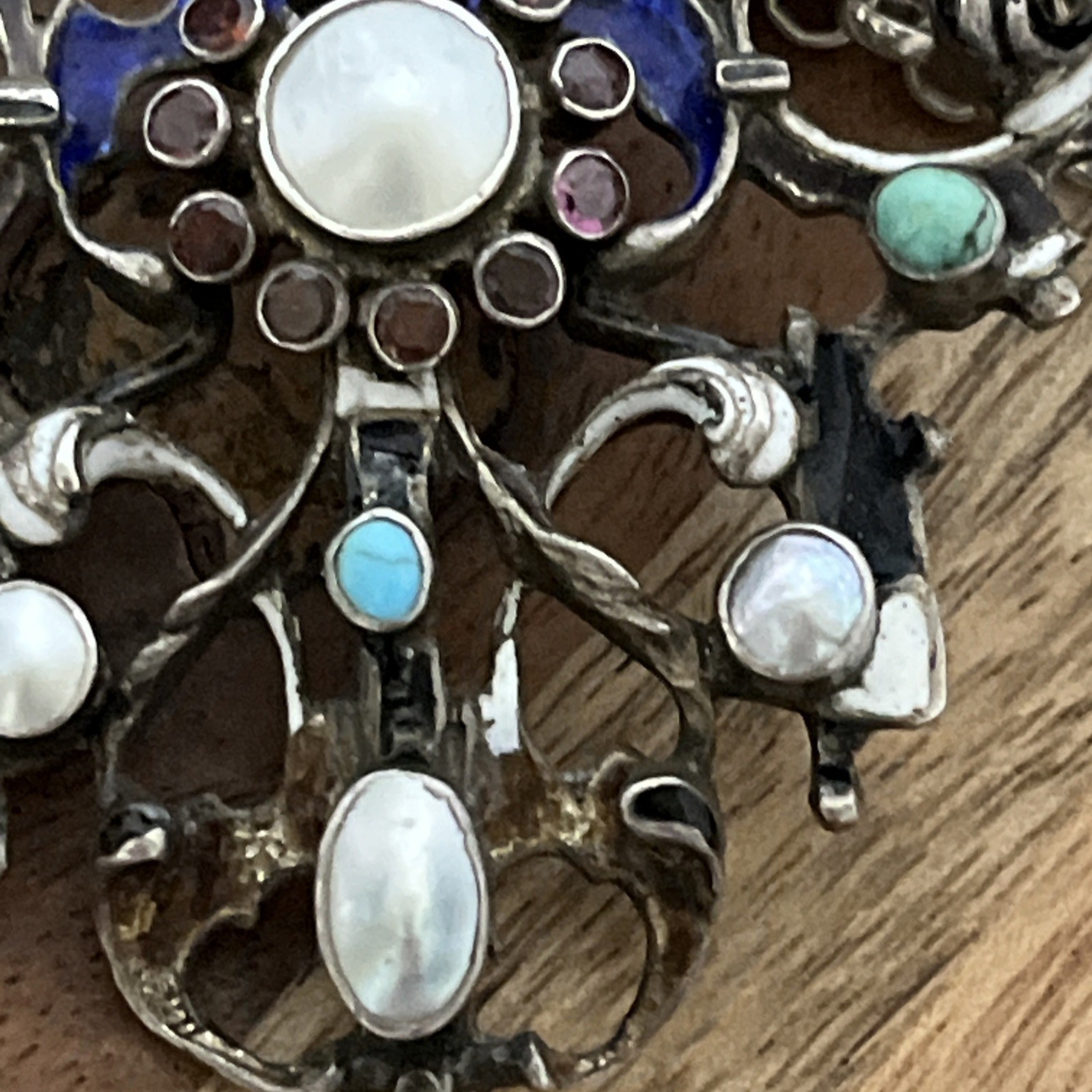 Antique Hermann Bohm AUSTRO HUNGARIAN Garnet Turquoise Silver Pendant Necklace
