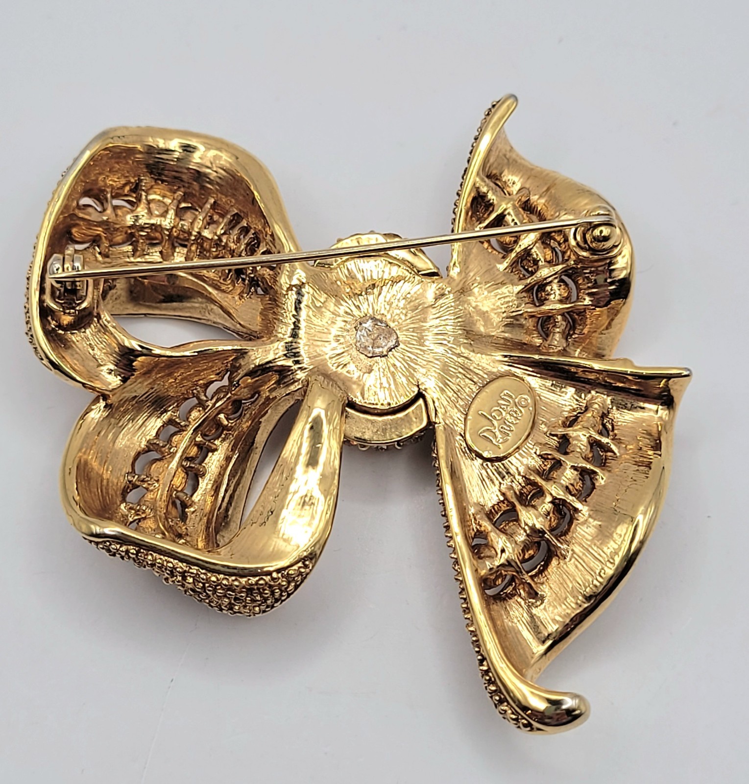 Vtg Signed Joan Rivers Gold Tone Yellow Rhinestone Ribbon Large Gift Bow Brooch