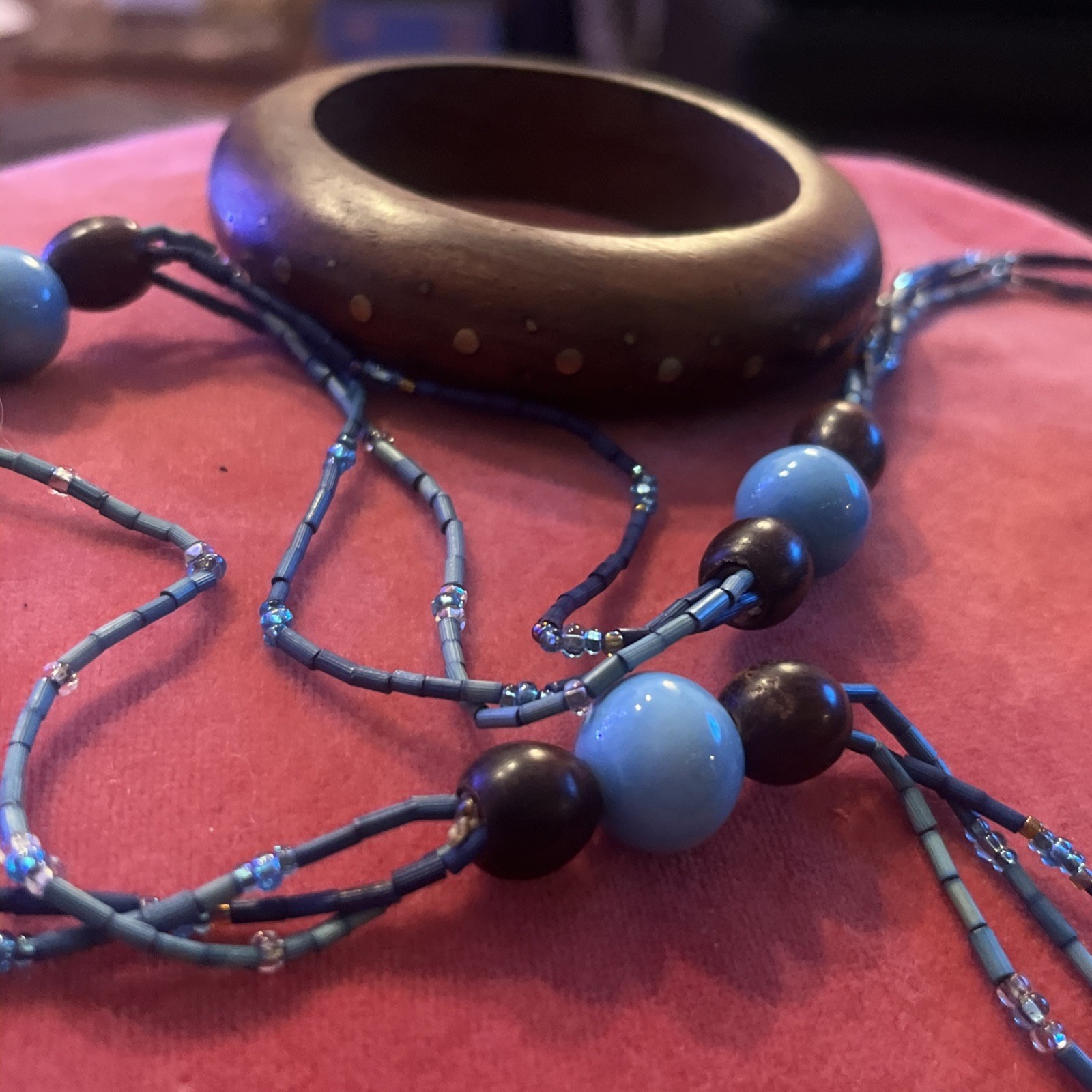 Blue, Brown -Glass, Ceramic, Wood Bead 30”Necklace, 2.5” Brass Inlay Wood Bangle