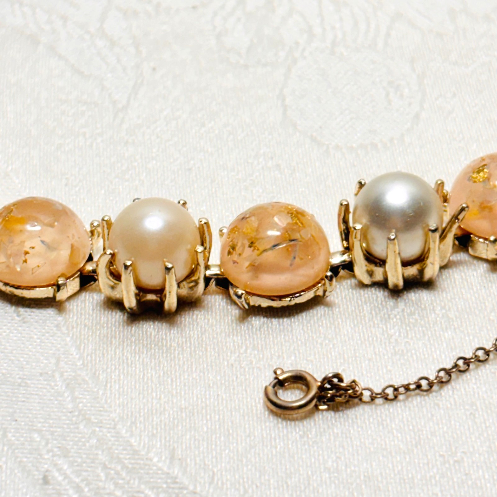 CORO pink confetti Lucite cabochon faux pearl bracelet fold over clasp vintage