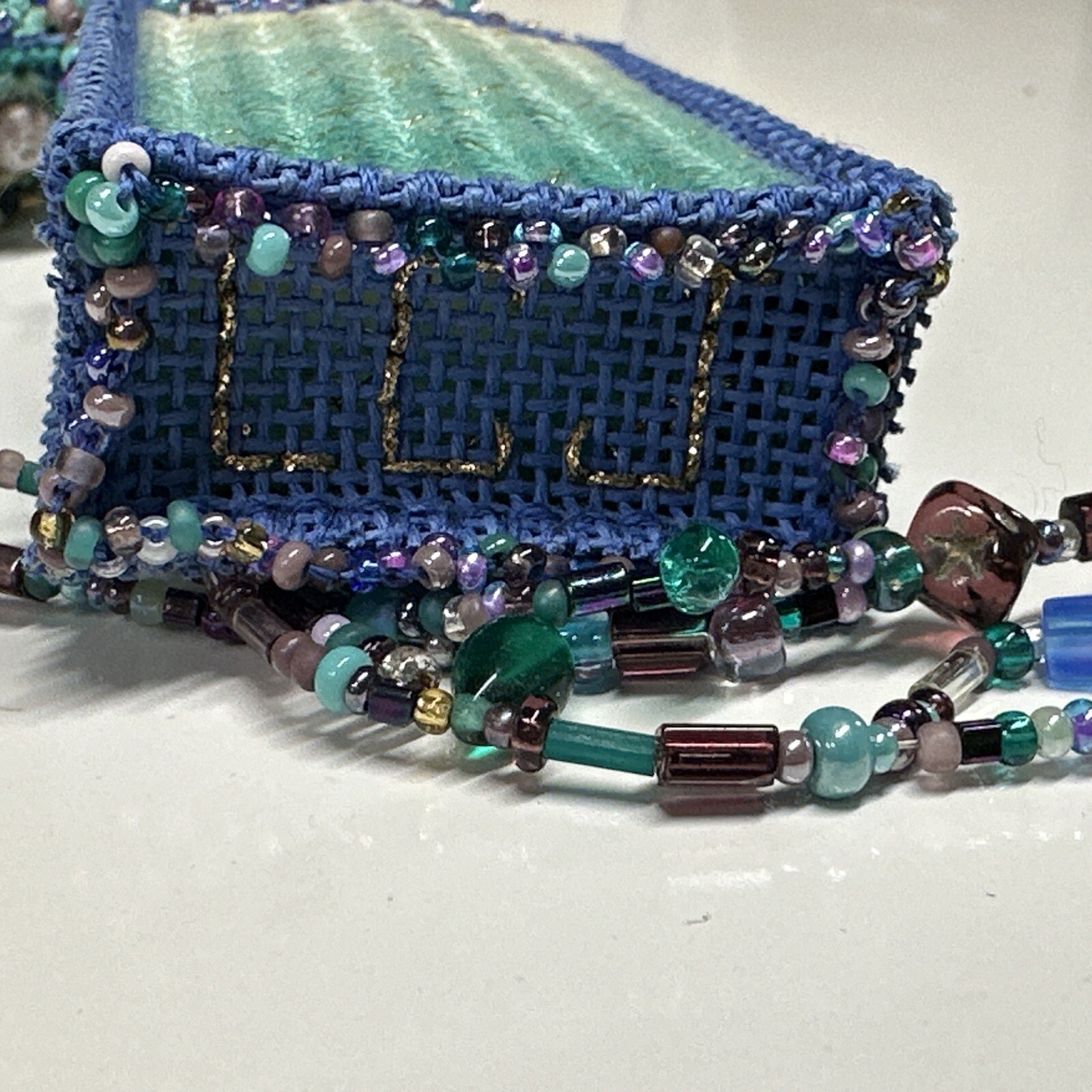Vintage Handmade Blue Seed Bead Purse Necklace With Beaded Fringe-Bo Ho-Hippie