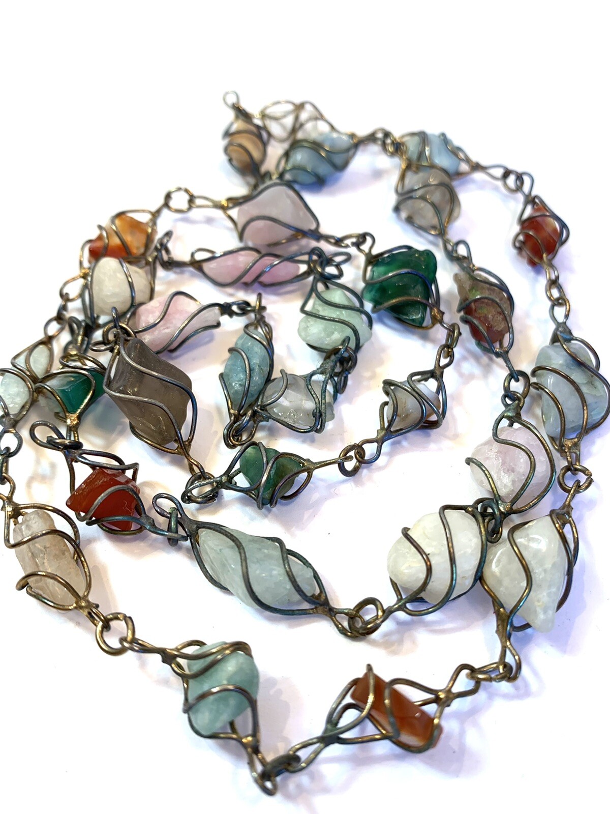 VTG Wire Wrapped Polished Gemstone Necklace Wire Linked 15” N68