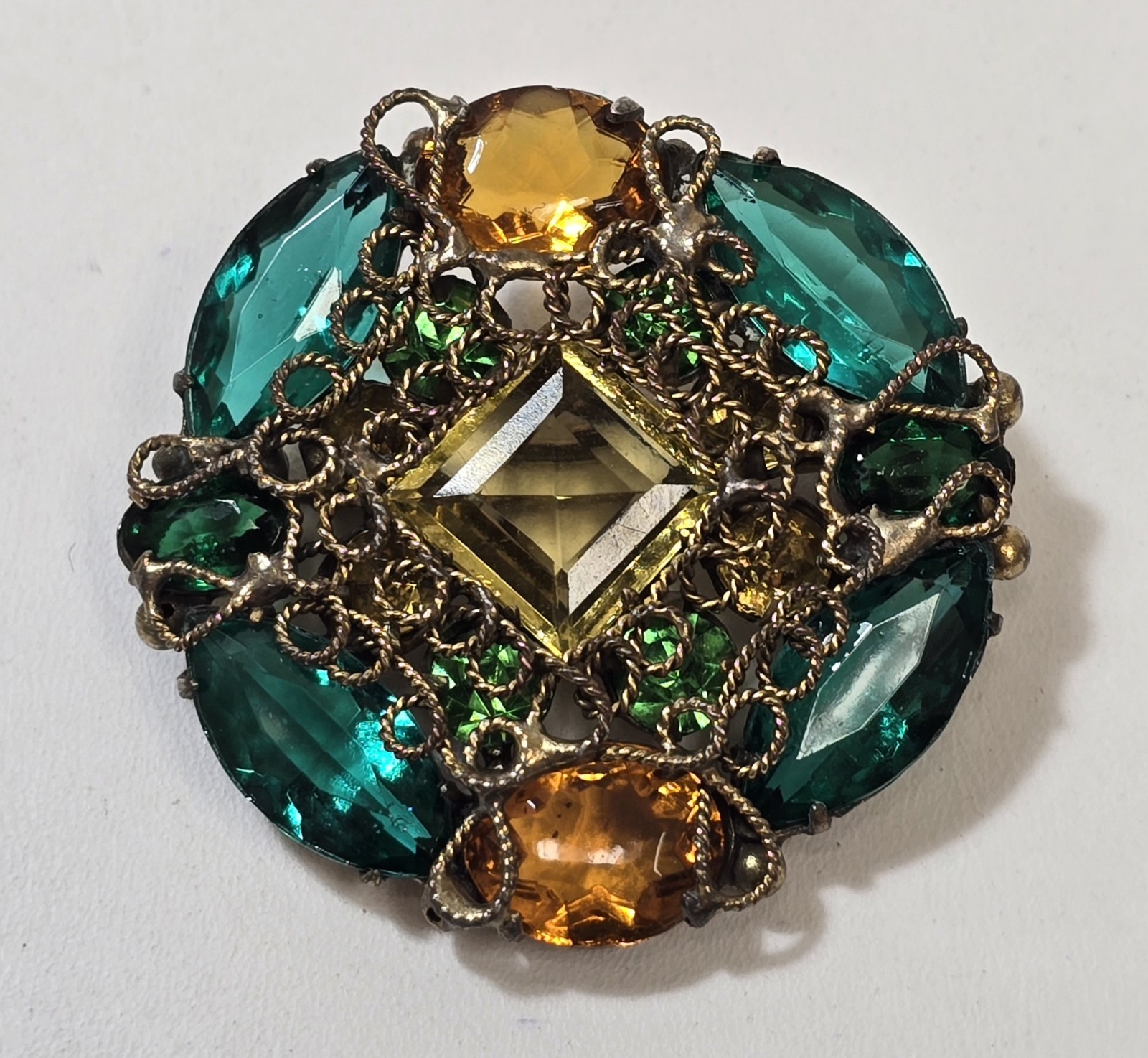 Vintage Fashioncraft Robert Brass Filigree Green Yellow Rhinestone Brooch