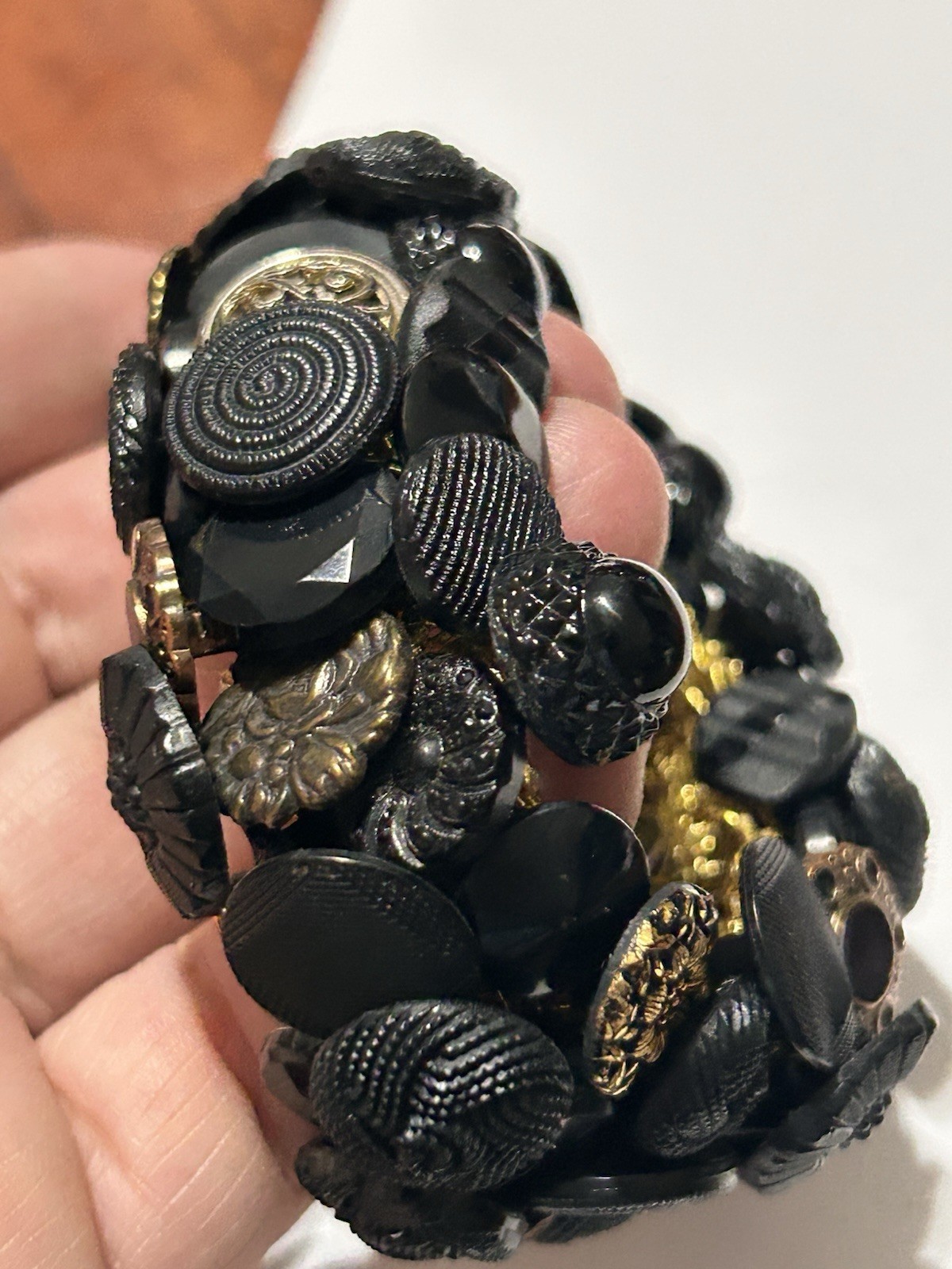VTG 70s Mid-Century Buttons Treasure Bracelet Crochet Black/Gold Victorian Style