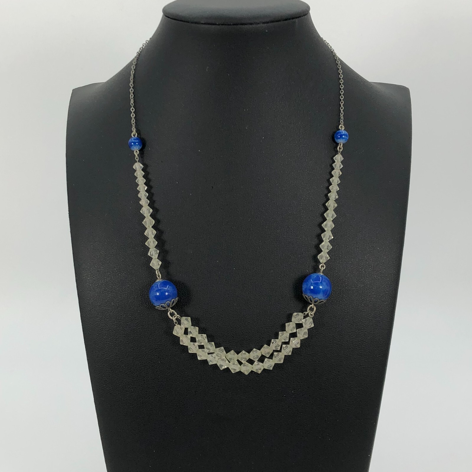Vintage Bicone Glass Beaded Necklace Art Deco Style Estate Find Blue & Clear