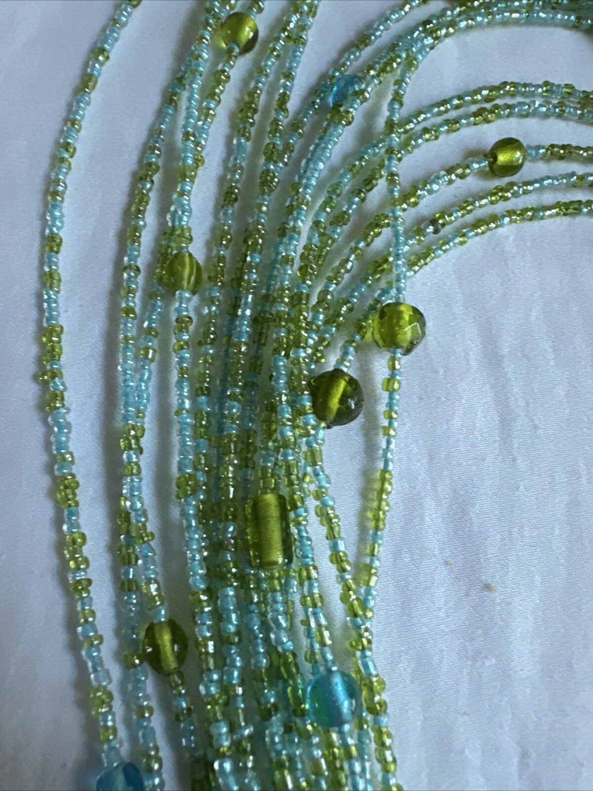 Vintage Seed Bead Multi Strand Wrap Statement Necklace Green, Blue, 22
