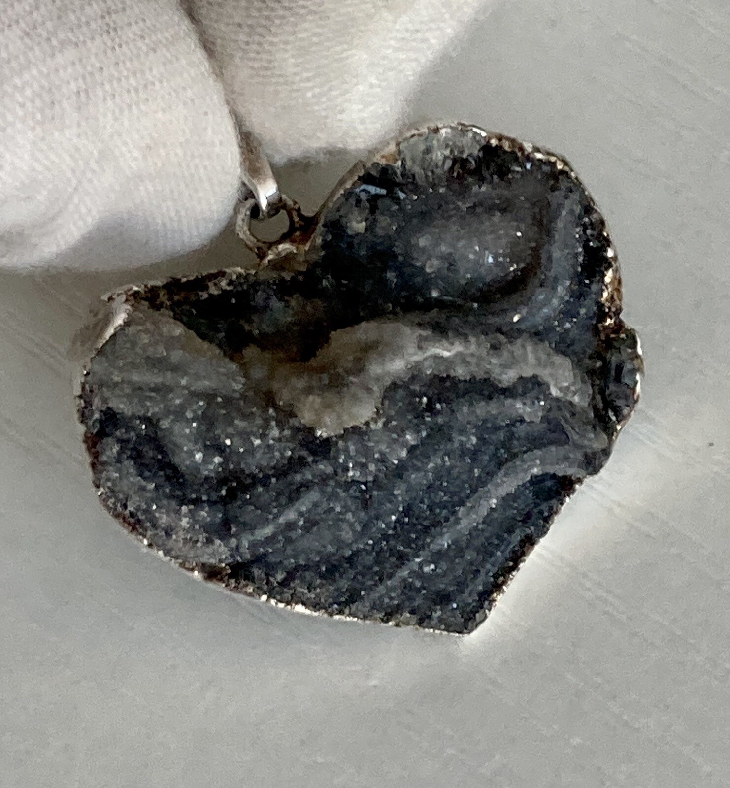 Heart Shimmery Crystal Rock Stone 1.25” Pendant 925 Sterling Silver 7.8g Ladies