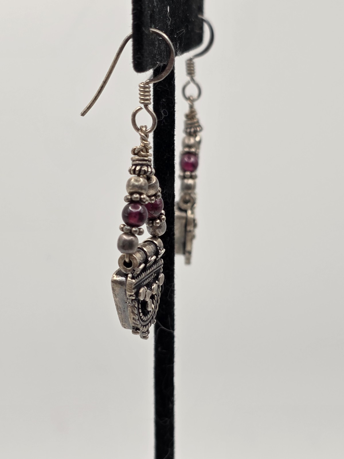 Vintage Dangle Boho Silver And Red Beads Pierced Earrings Hooks Marked 925