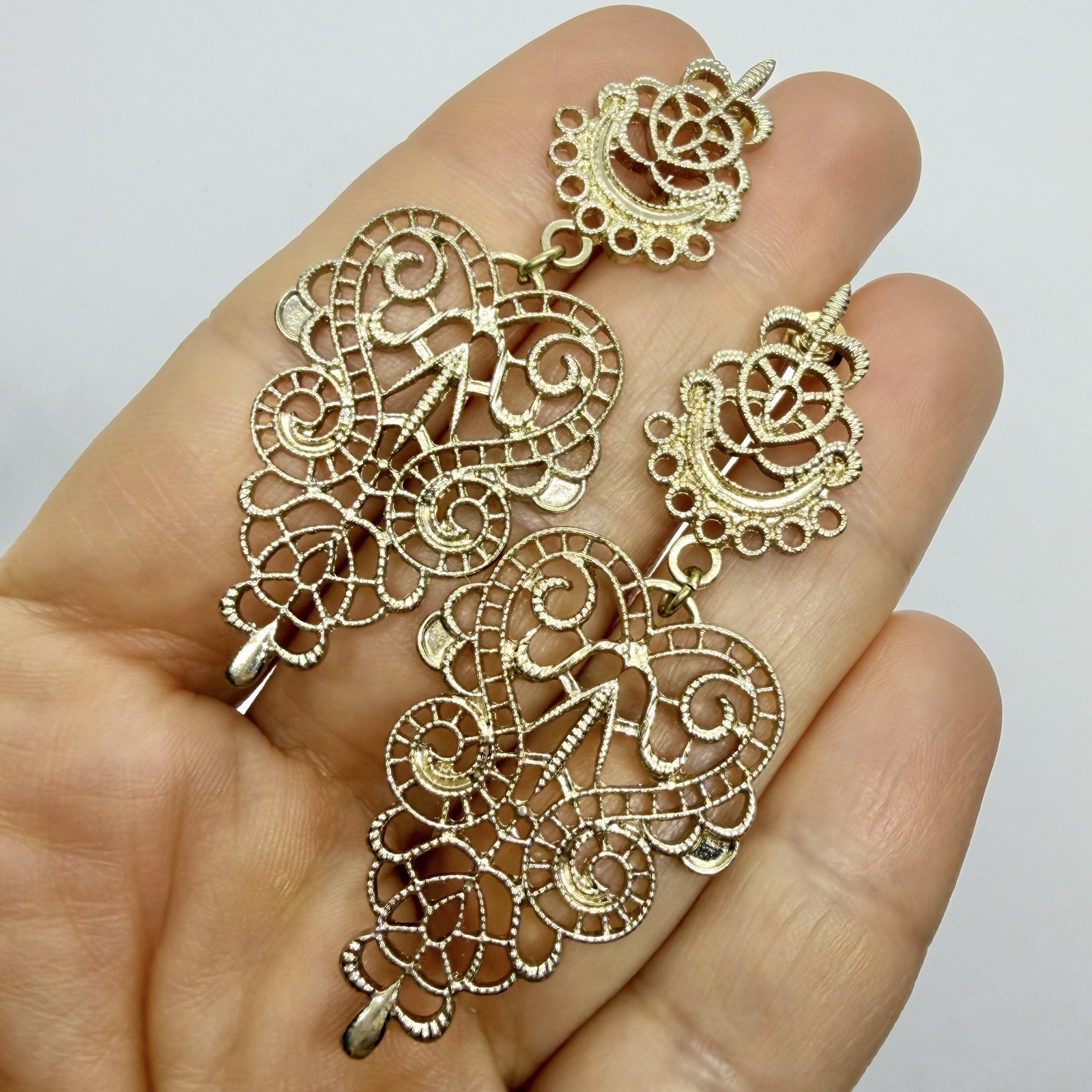 Vtg Large Victorian Revival Goldtone Drop Statement Earrings Post Dangle
