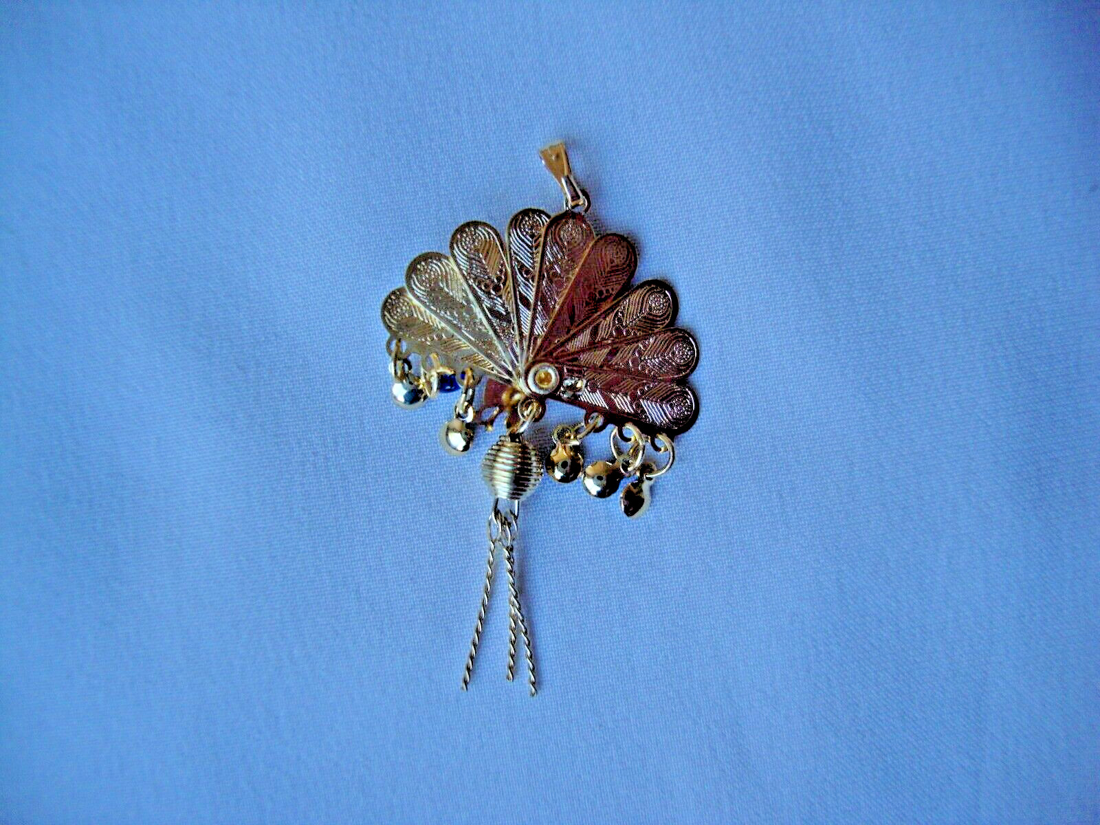 Vintage Folding Peacock Fan Green Red Blue & White Enamel Gold Filled Pendant