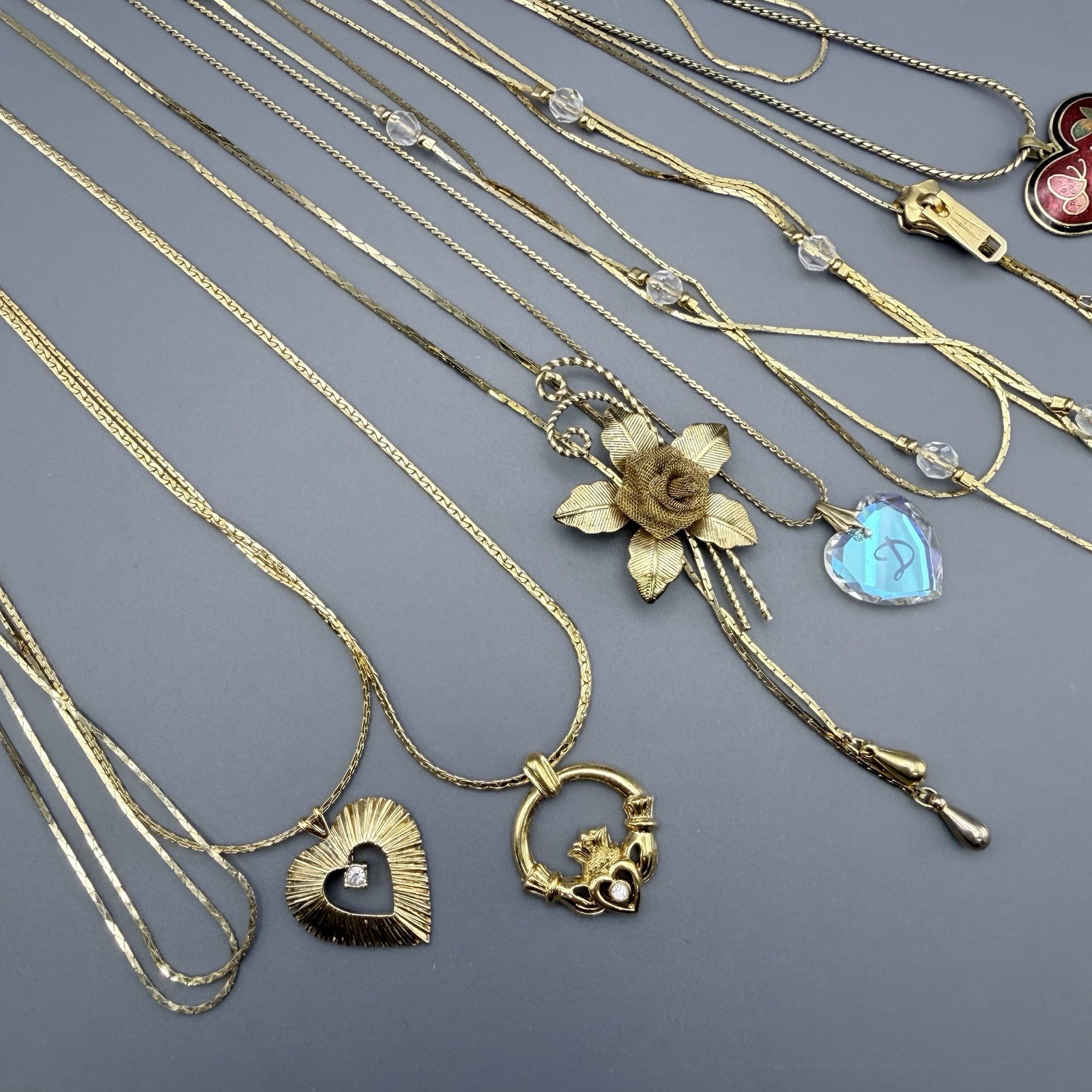 Vintage Necklaces Lot Of 8 Gold Tone Cloisonne Heart Floral Claddagh Zipper