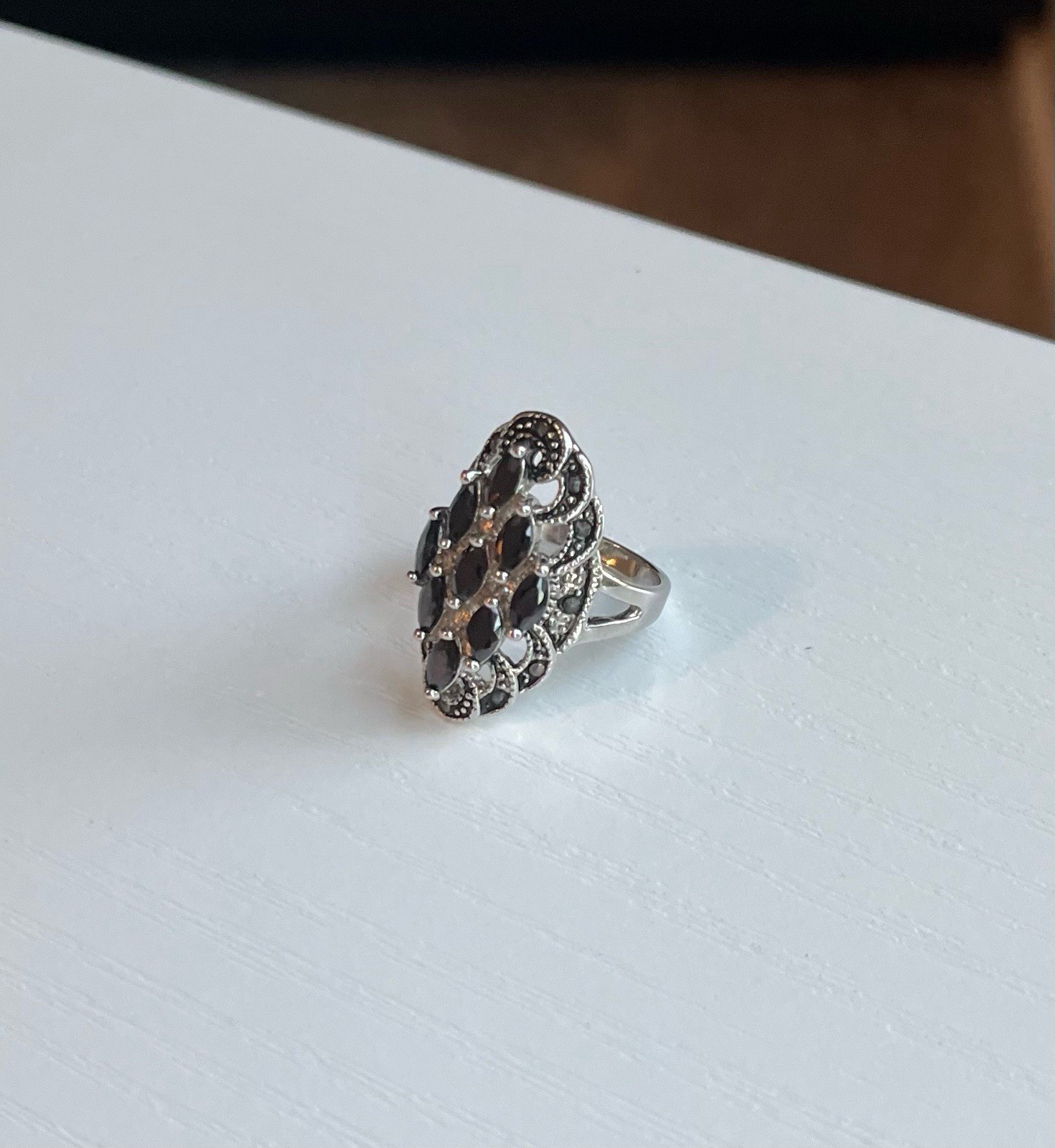 Vintage Silvertone Marcasite Black Stone Ring Size 9 With Matching Earrings.