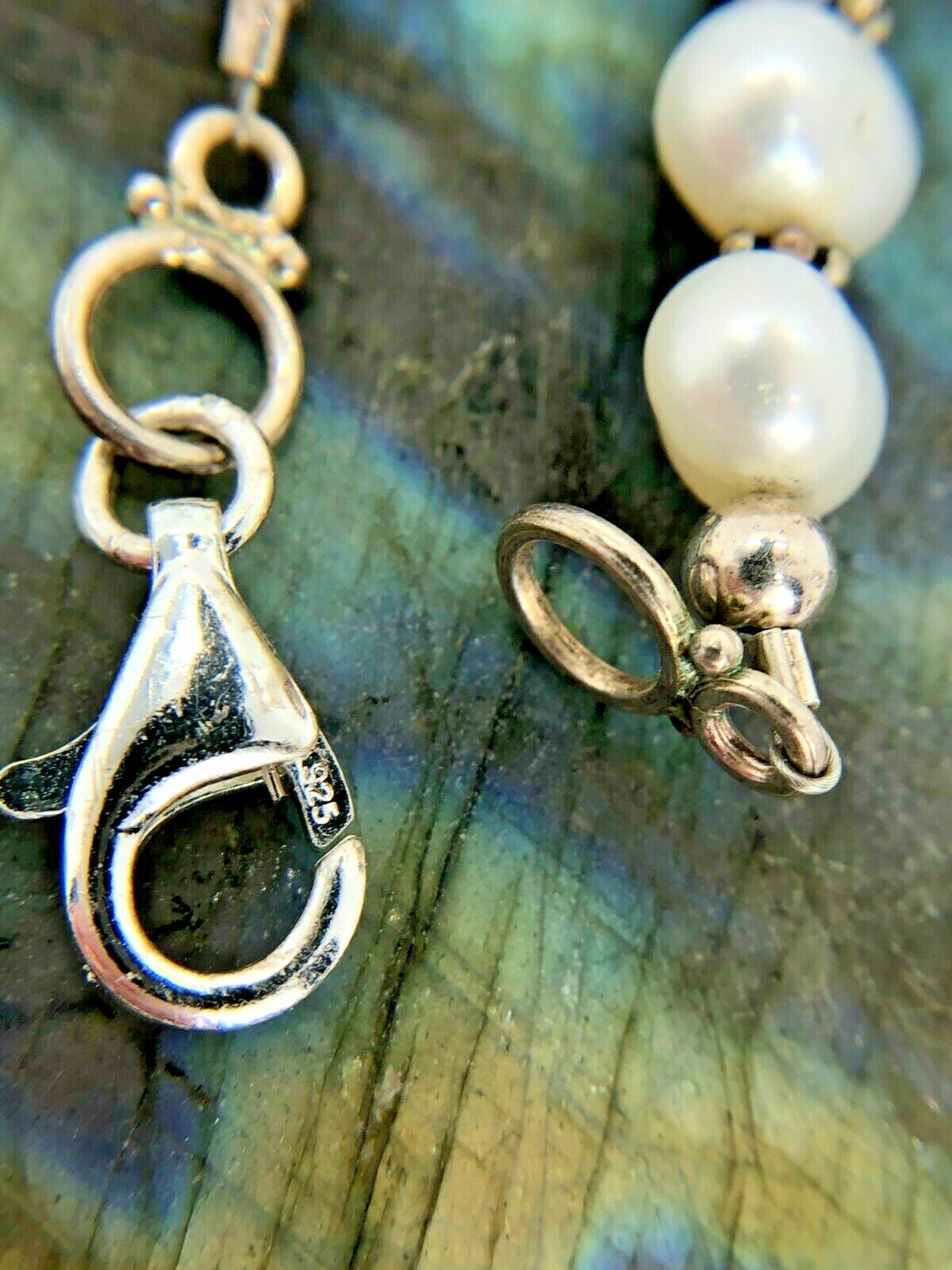 Vintage Sterling Silver 39mm White Brown Agate Pearl Beaded Necklace 20″