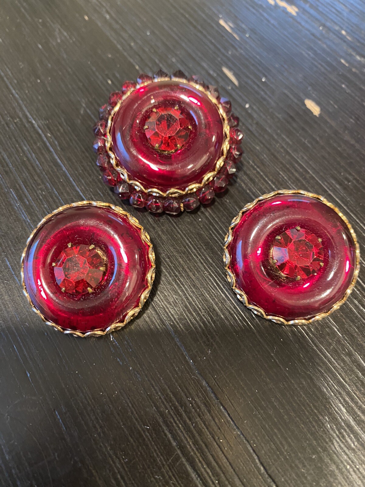 Designer French Ruby Glass Earrings Pin Set incredible Mogul Poured